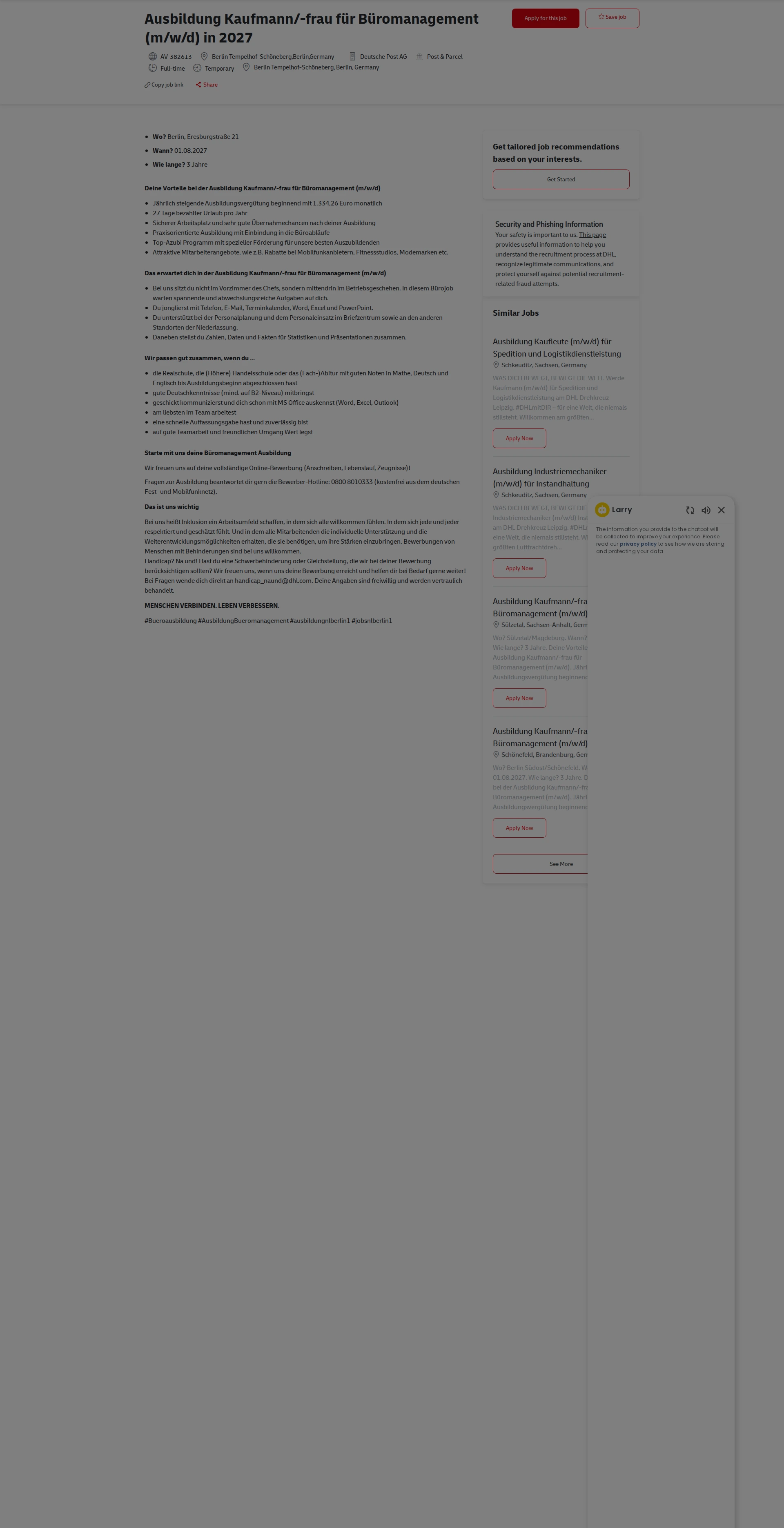 DHL Ausbildung Kaufmann/-frau für Büromanagement (m/w/d) in 2027 채용공고