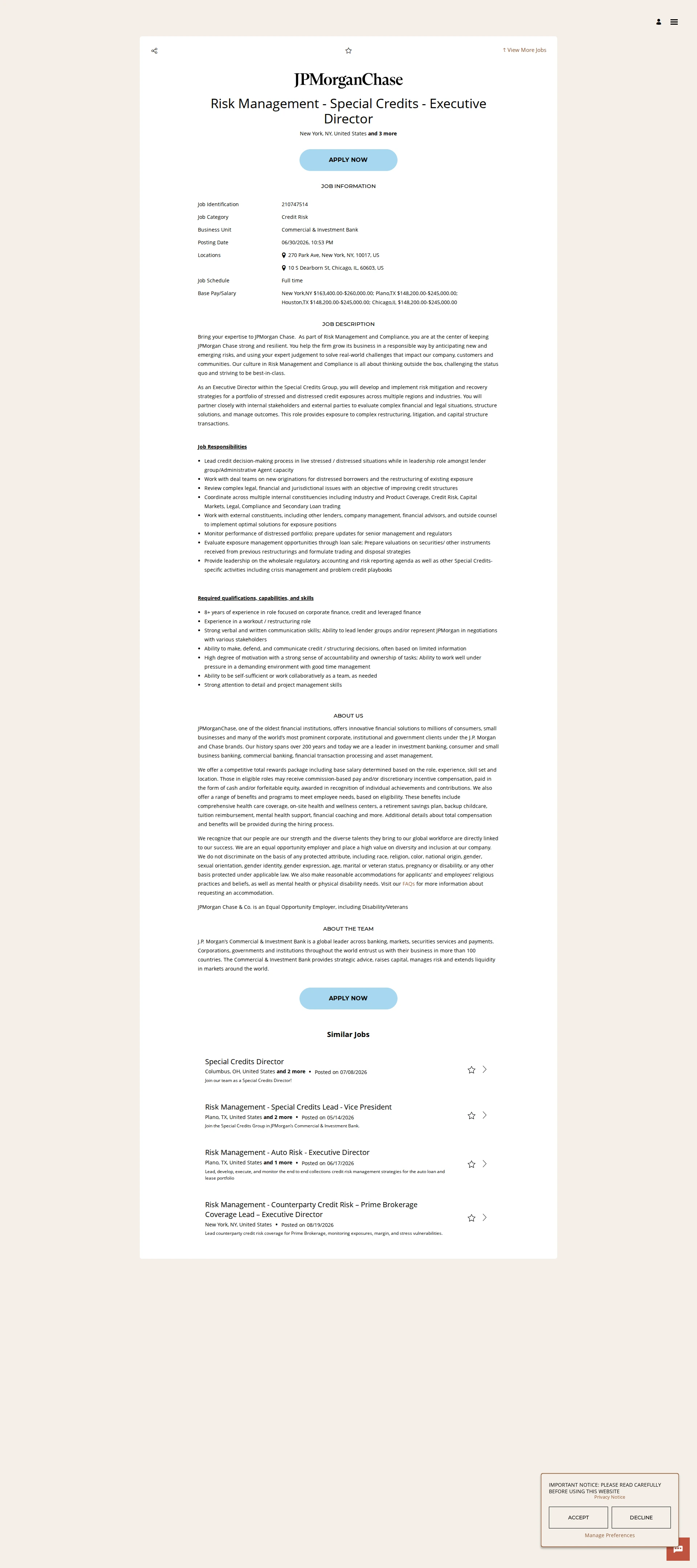 JPMorganChase Risk Management - Special Credits - Executive Director 채용공고