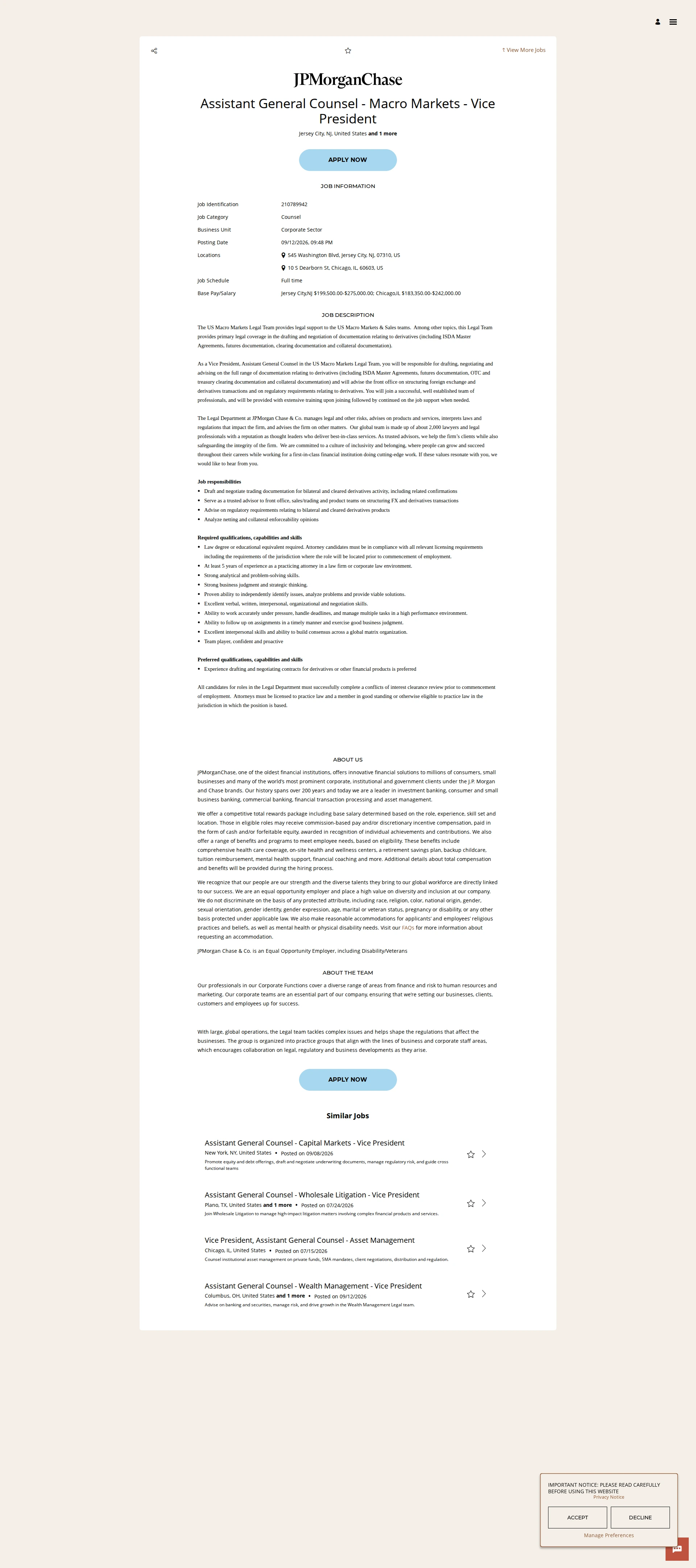 JPMorganChase Assistant General Counsel - Macro Markets - Vice President 채용공고