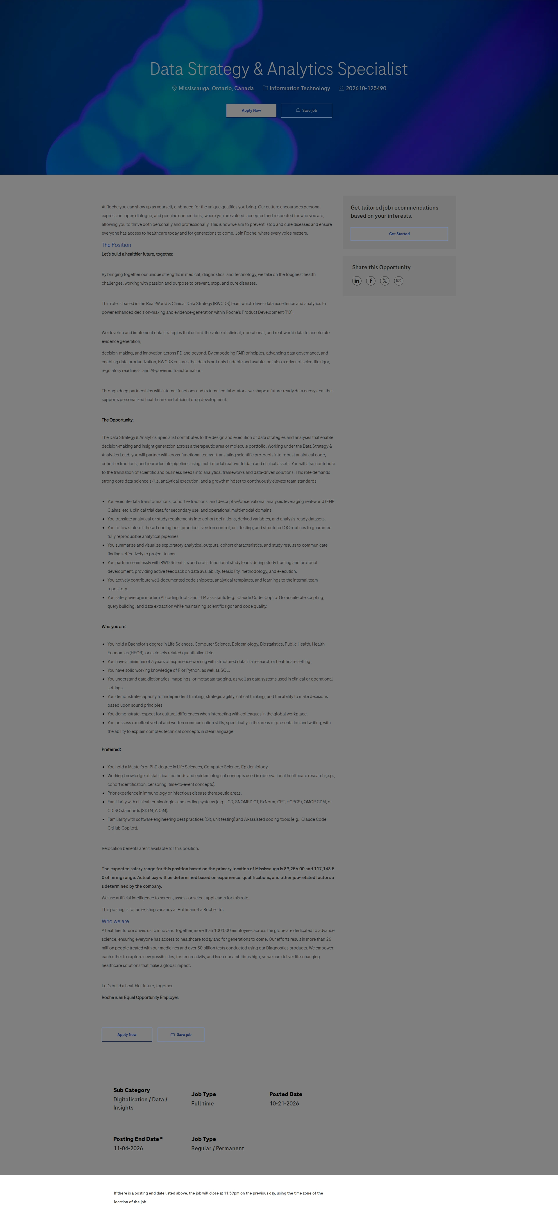 로슈 Data Strategy & Analytics Specialist 채용공고