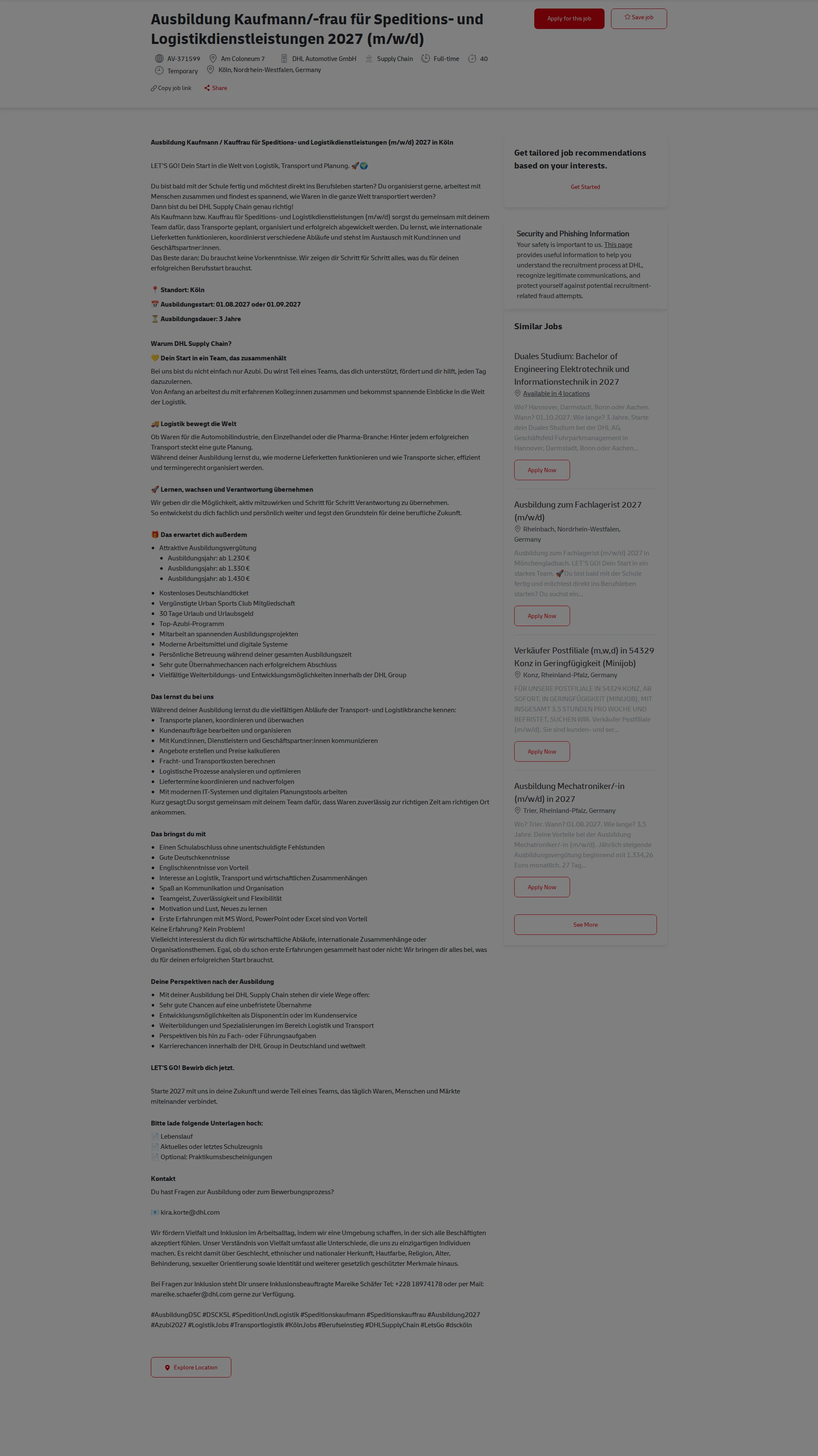 DHL Ausbildung Kaufmann/-frau für Speditions- und Logistikdienstleistungen 2027 (m/w/d) 채용공고