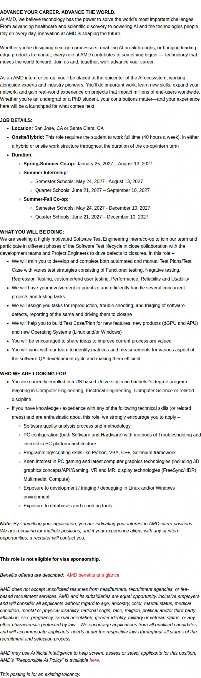 AMD 2027 Undergrad Software Test Engineering Intern/Co-Op 채용공고