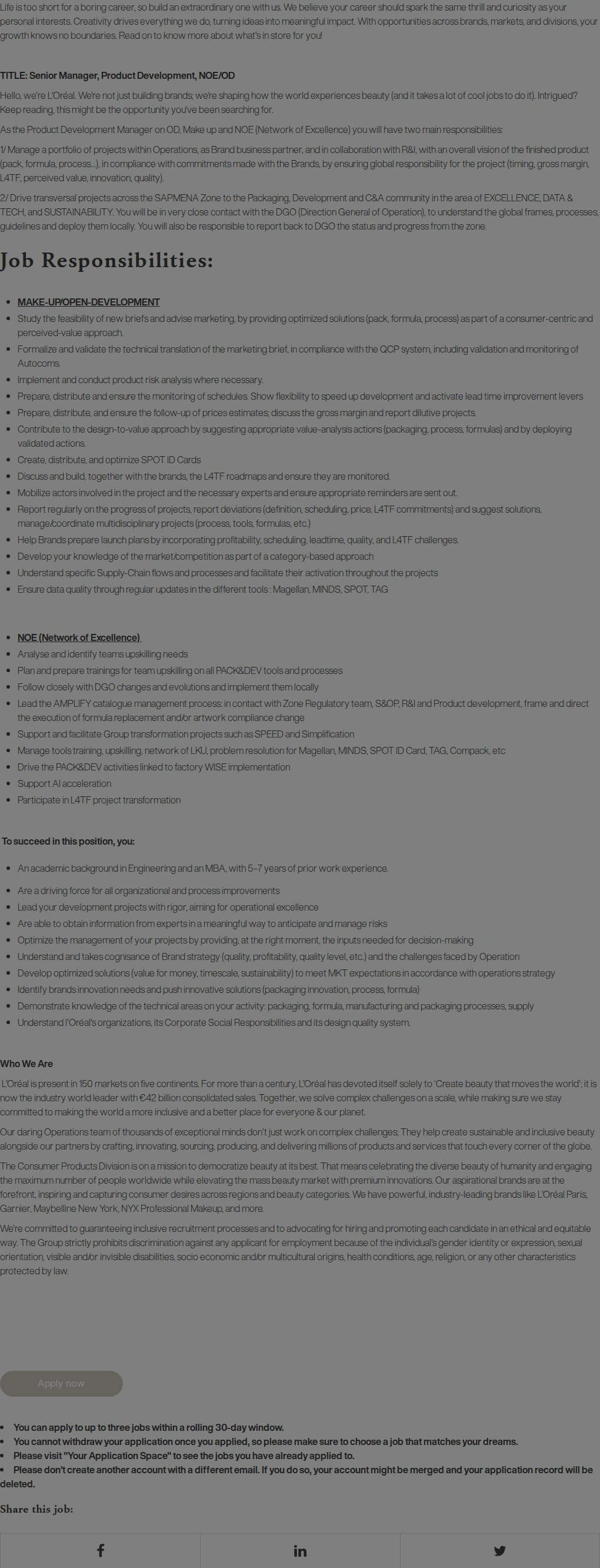 로레알(L'Oreal) Senior Manager, Product Development, NOE/OD 채용공고