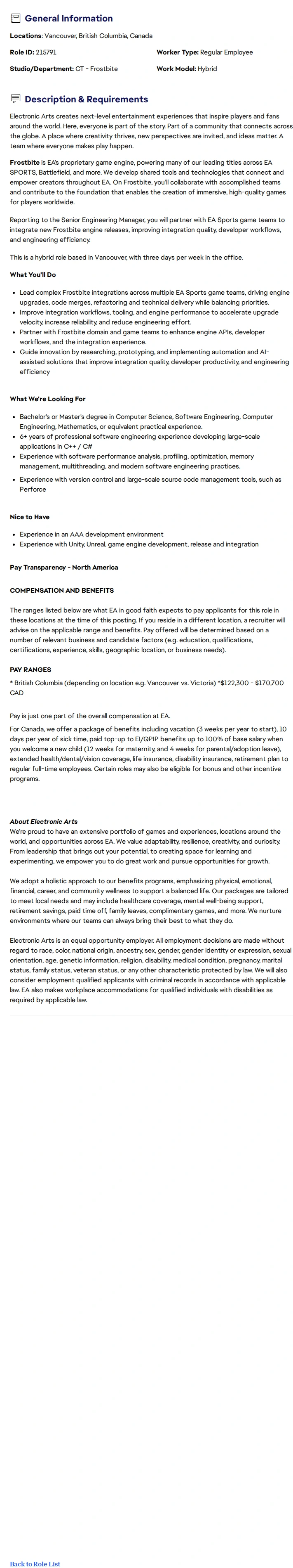 ElectronicArts Software Engineer - Frostbite Integration 채용공고