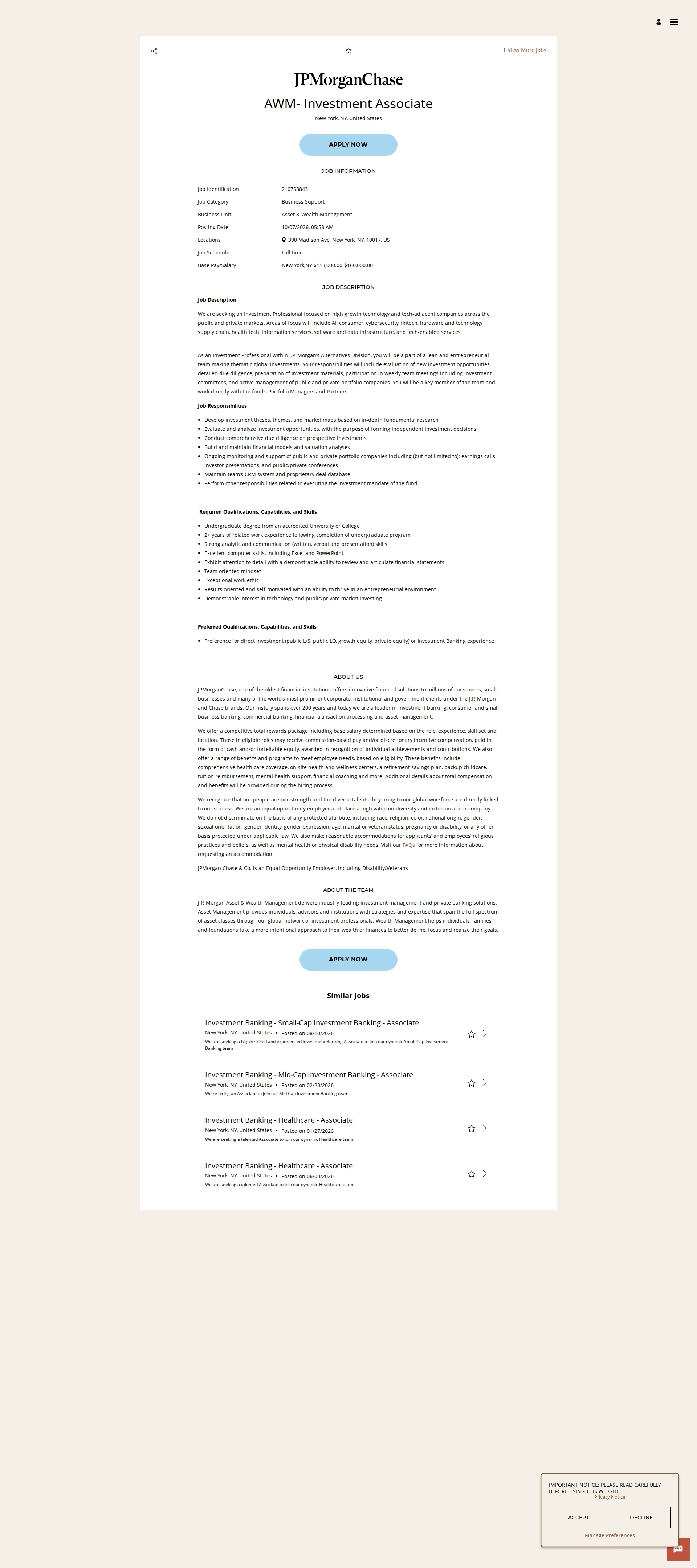 JPMorganChase AWM- Investment Associate 채용공고