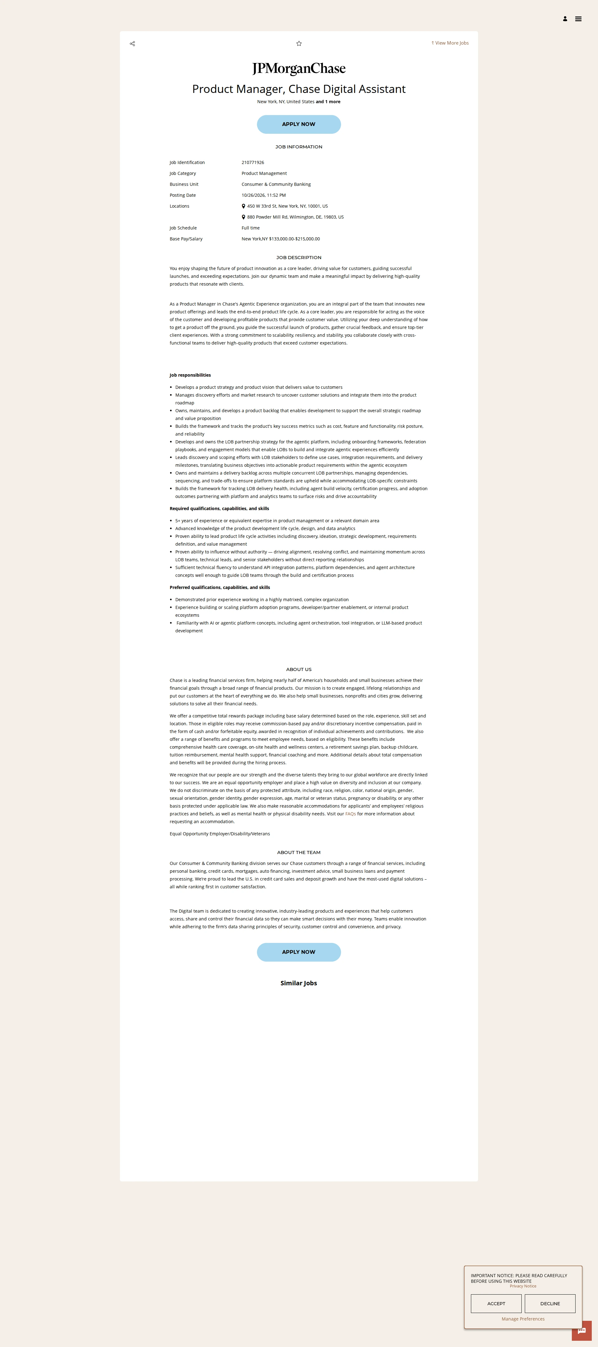 JPMorganChase Product Manager, Chase Digital Assistant 채용공고