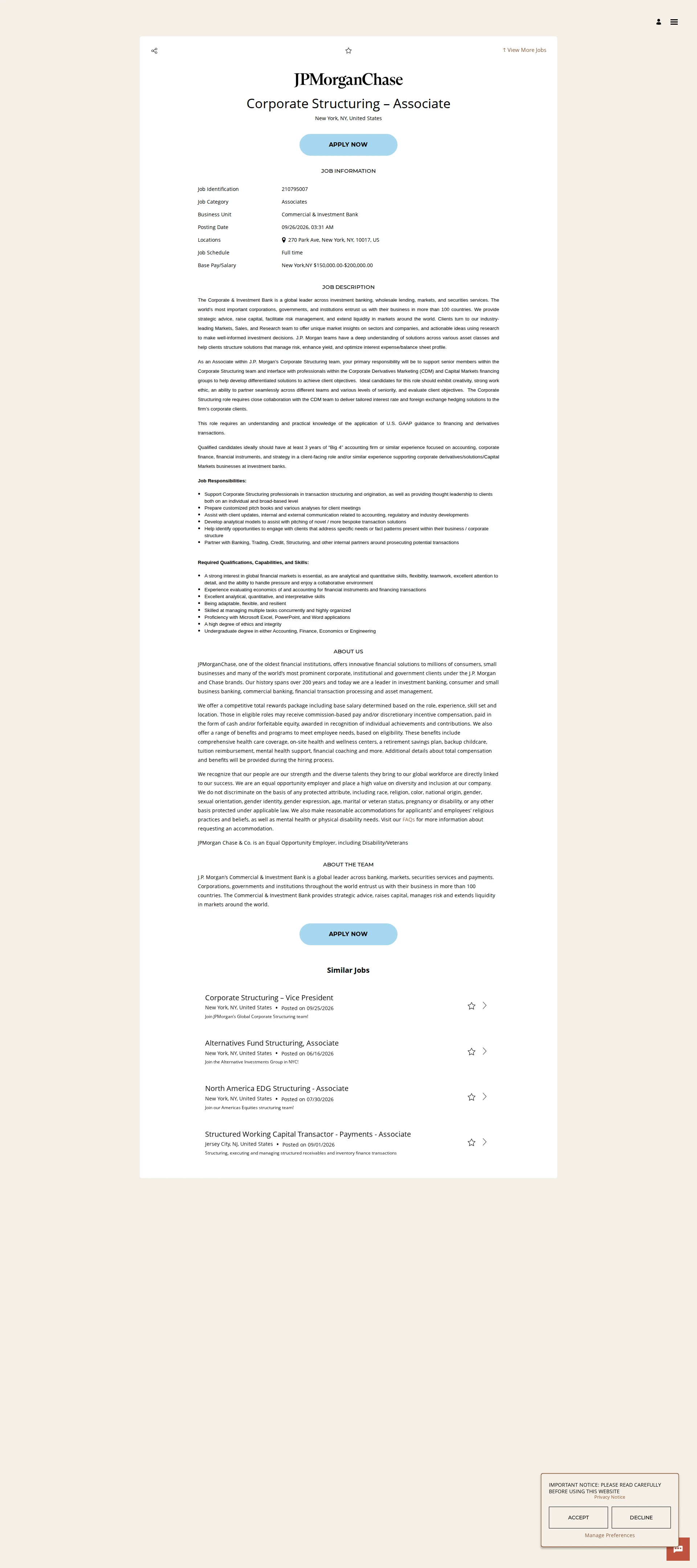 JPMorganChase Corporate Structuring – Associate 채용공고