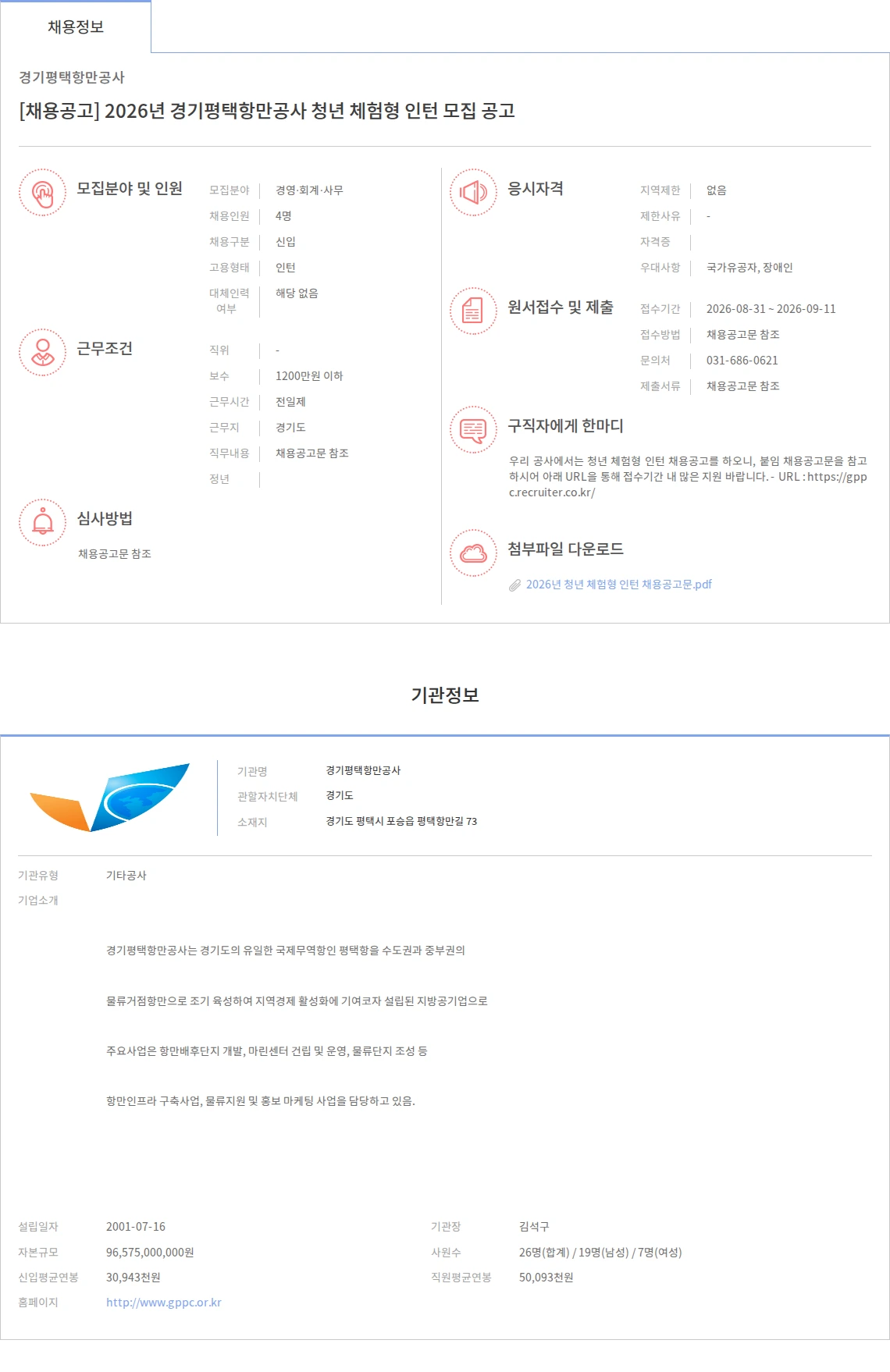 경기평택항만공사 [채용공고] 2026년 경기평택항만공사 청년 체험형 인턴 모집 공고 채용공고