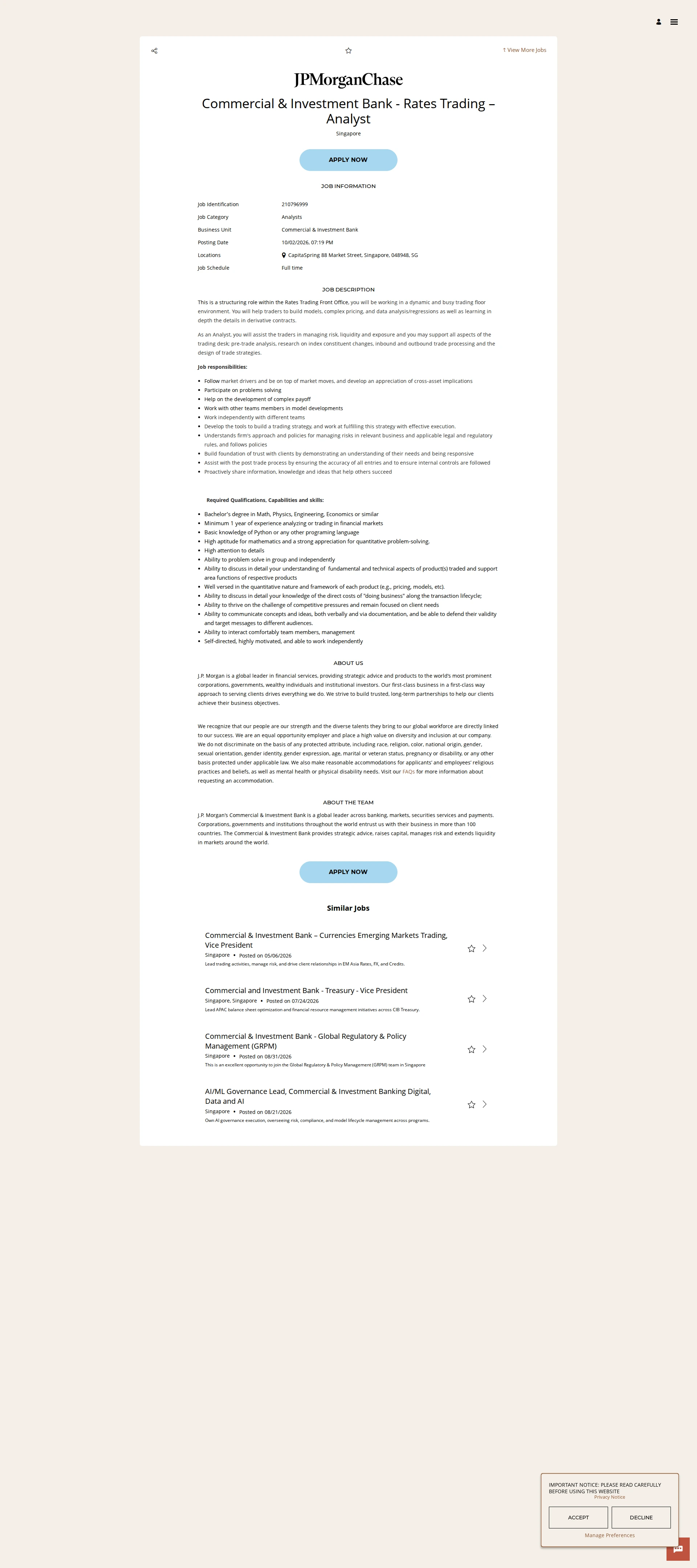 JPMorganChase Commercial & Investment Bank - Rates Trading – Analyst 채용공고