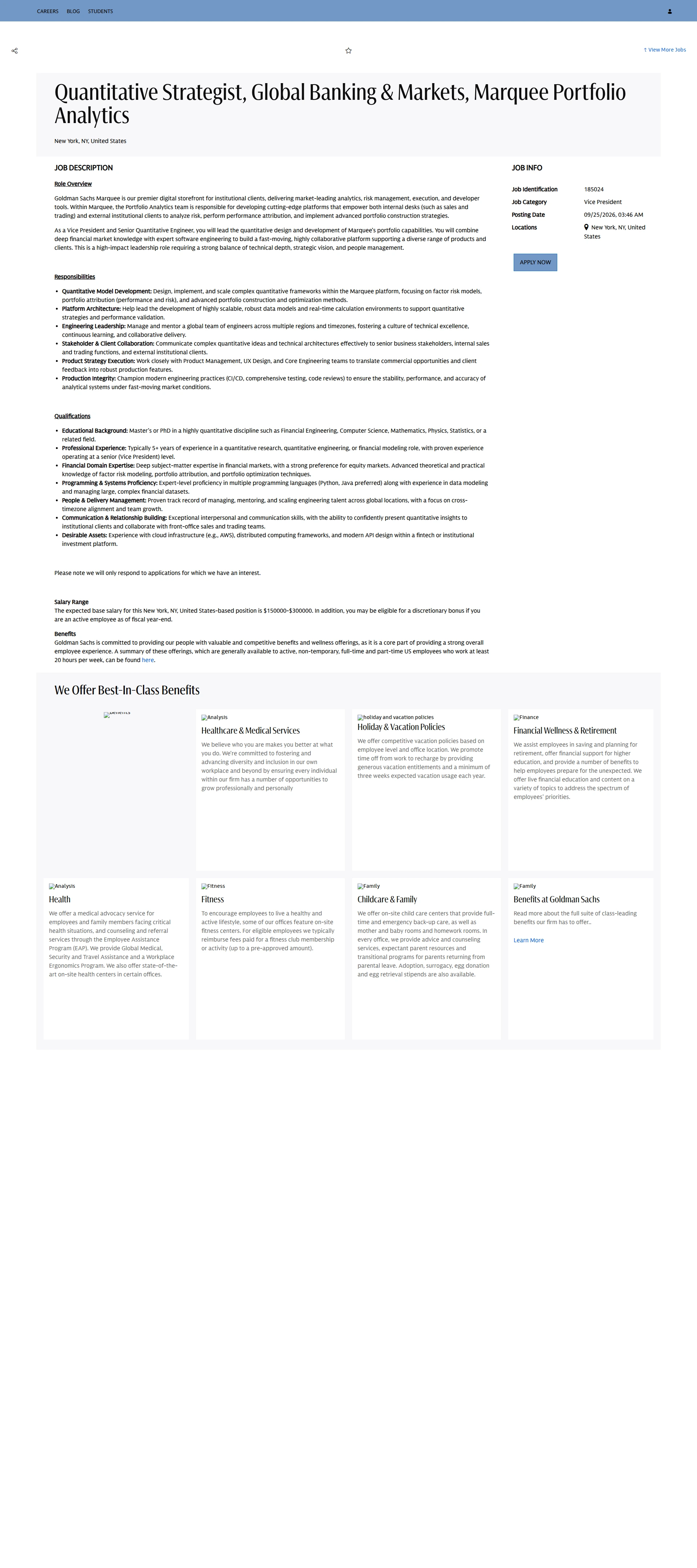 골드만삭스 Quantitative Strategist, Global Banking & Markets, Marquee Portfolio Analytics 채용공고