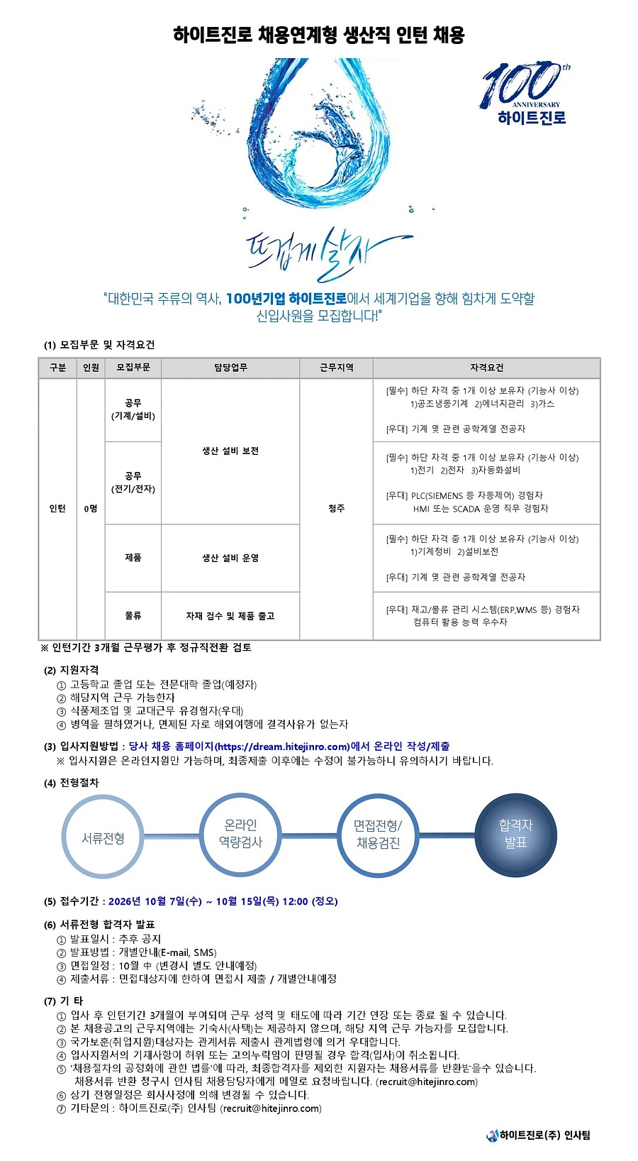 진로소주 생산직 채용연계형 인턴 채용 채용공고