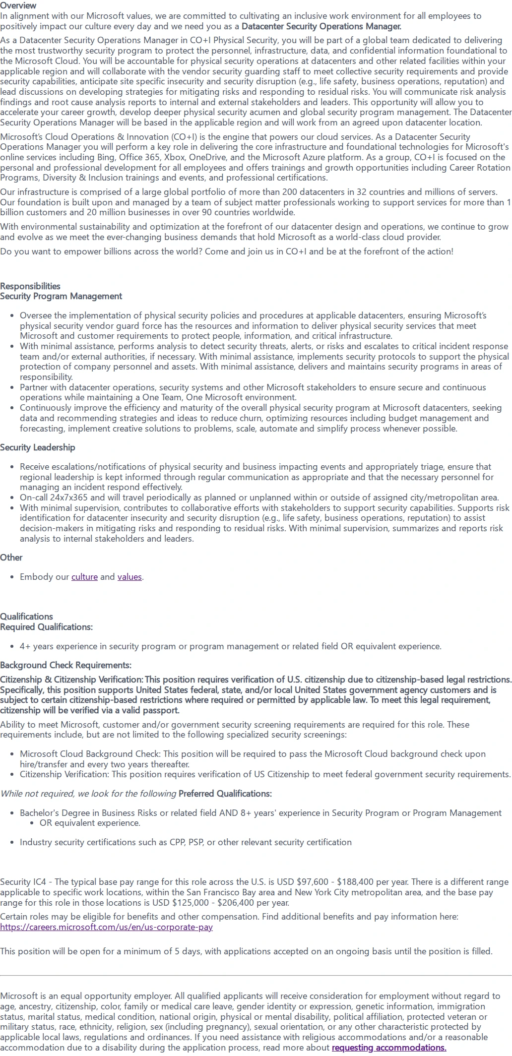 마이크로소프트(Microsoft) Data Center Security Operations Manager - DSOM 채용공고