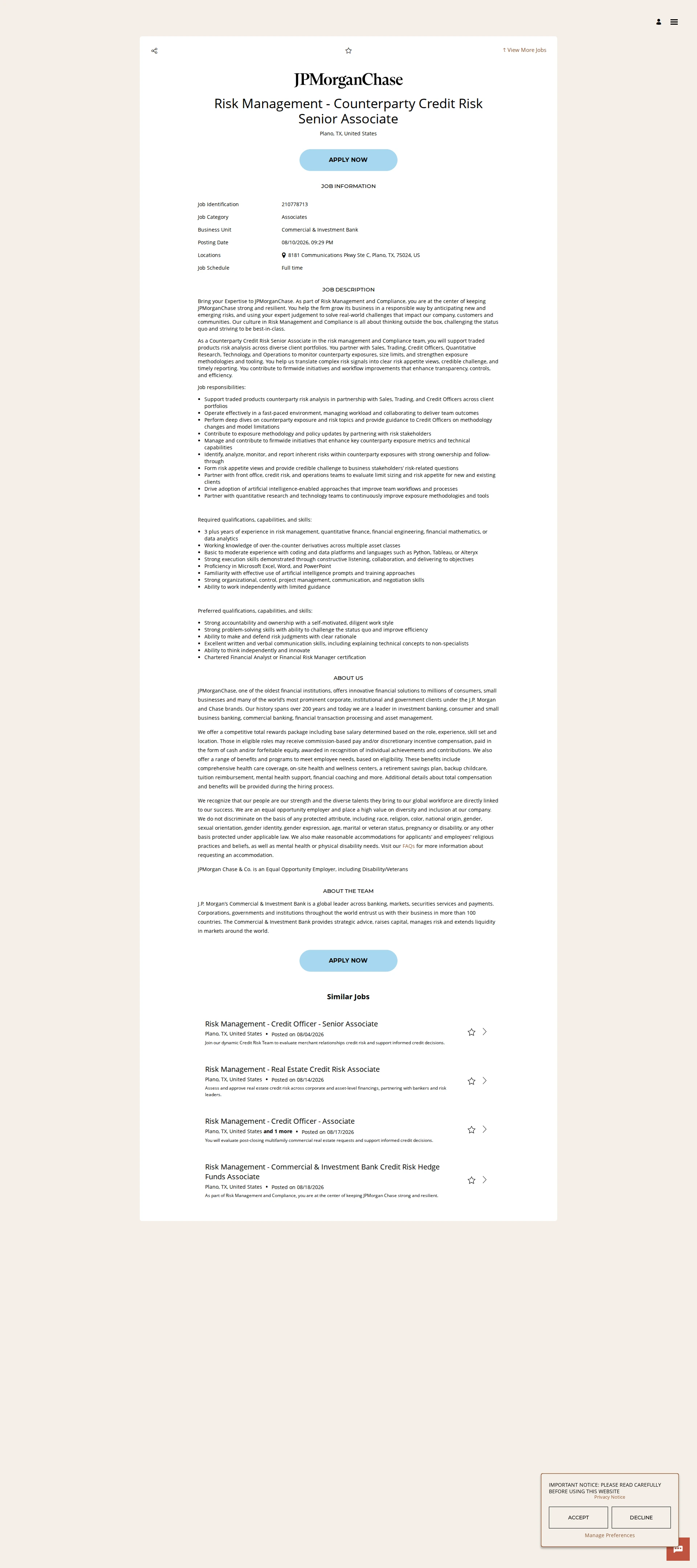 JPMorganChase Risk Management - Counterparty Credit Risk Senior Associate 채용공고