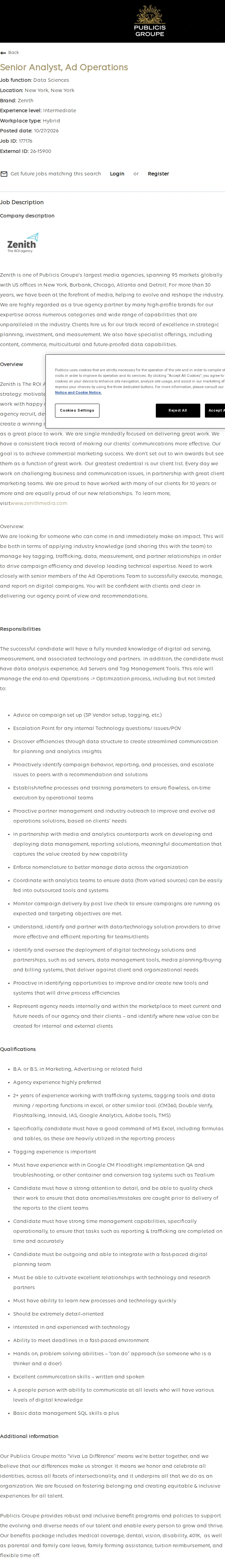 Publicis Groupe Senior Analyst, Ad Operations 채용공고