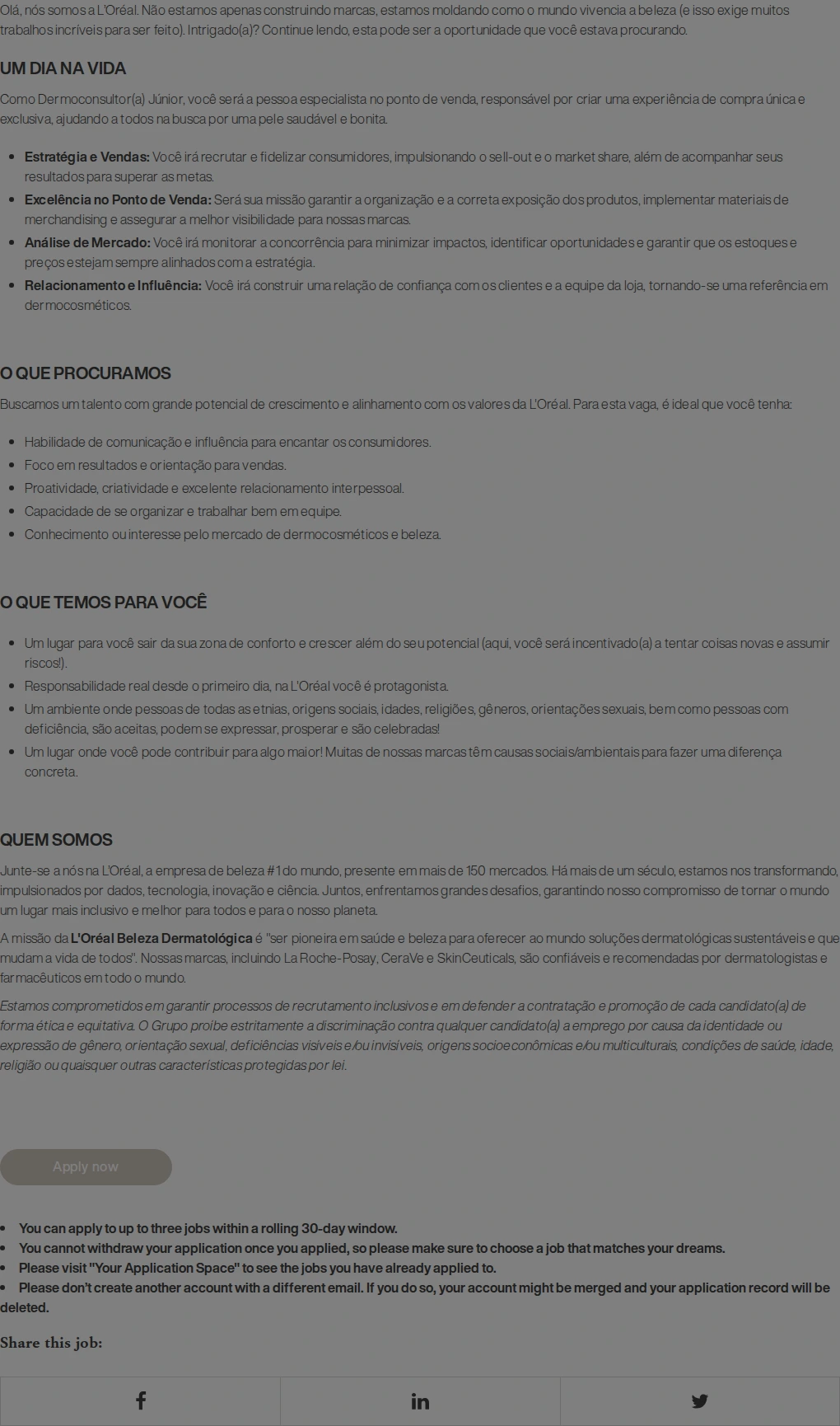 로레알(L'Oreal) Dermoconsultor JR - L'Oréal Beleza Dermatológica - São Paulo (SP) - Vaga afirmativa para Pessoas com Deficiência 채용공고
