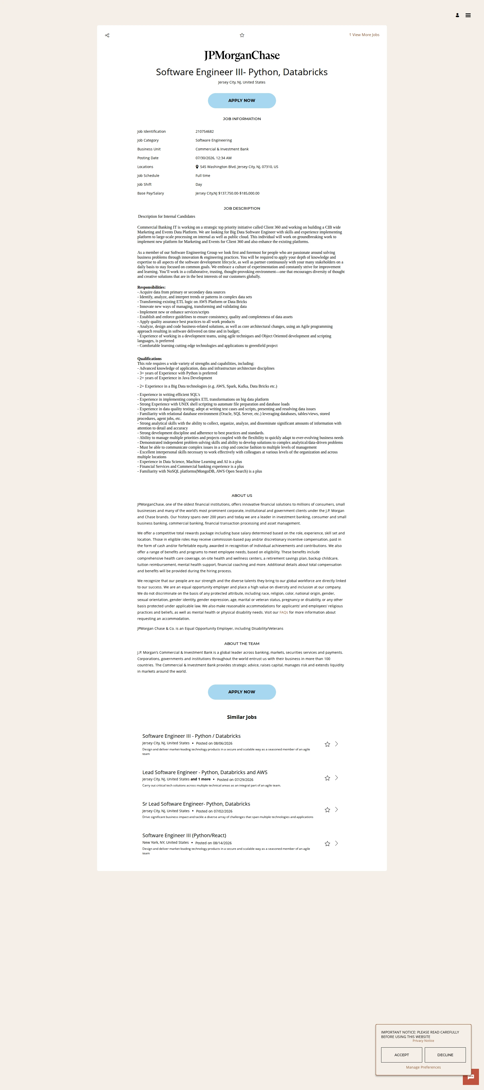 JPMorganChase Software Engineer III- Python, Databricks 채용공고