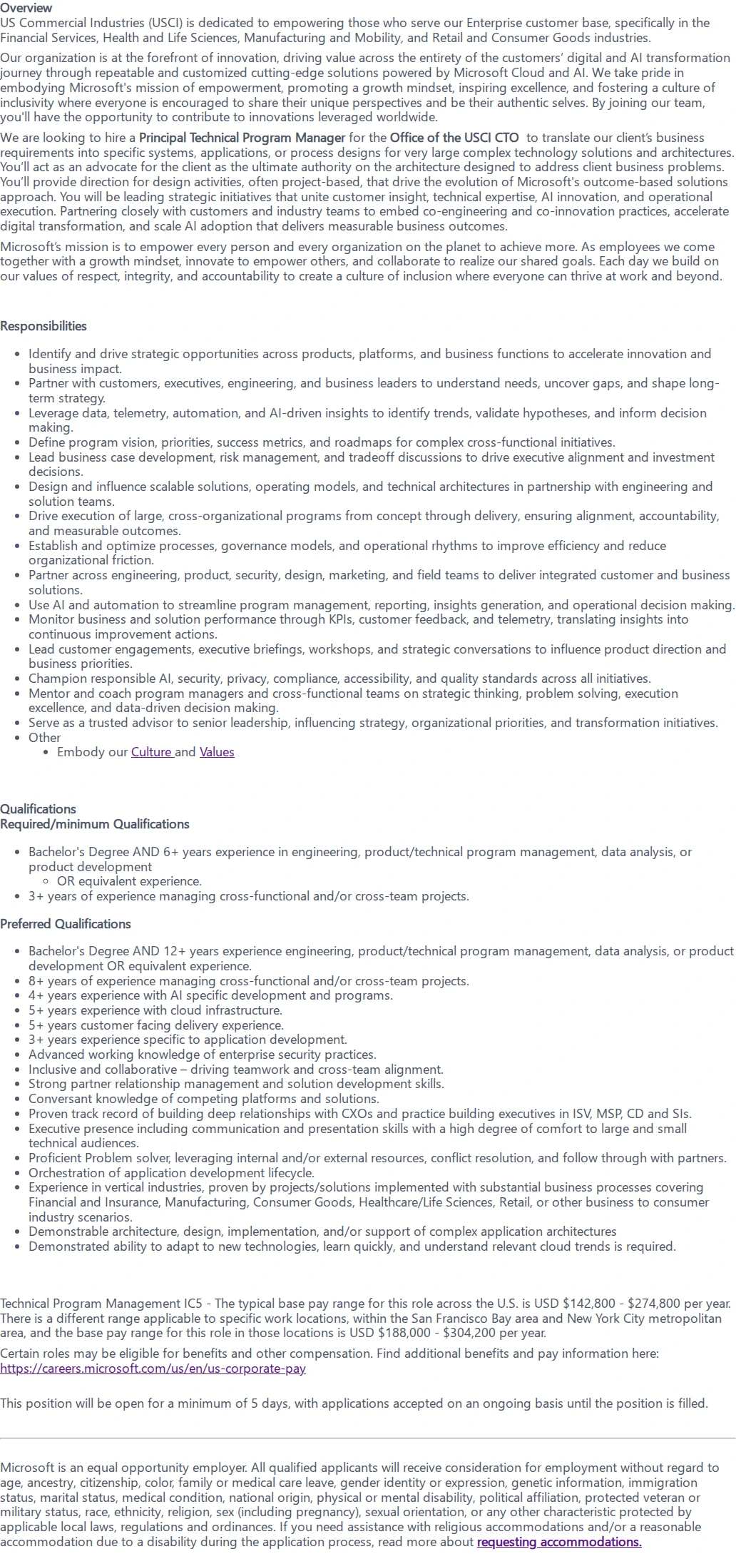 마이크로소프트(Microsoft) Principal Technical Program Manager, Office of the CTO, US Commercial Industries 채용공고