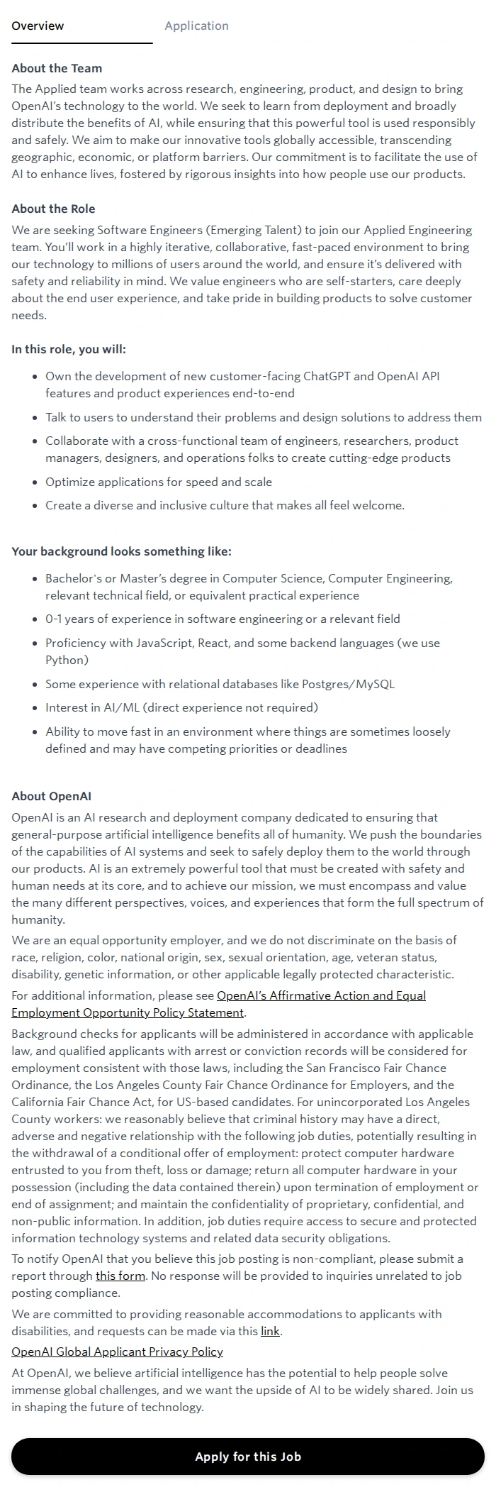 오픈에이아이(OpenAI) Software Engineer, Applied Emerging Talent (2027) 채용공고