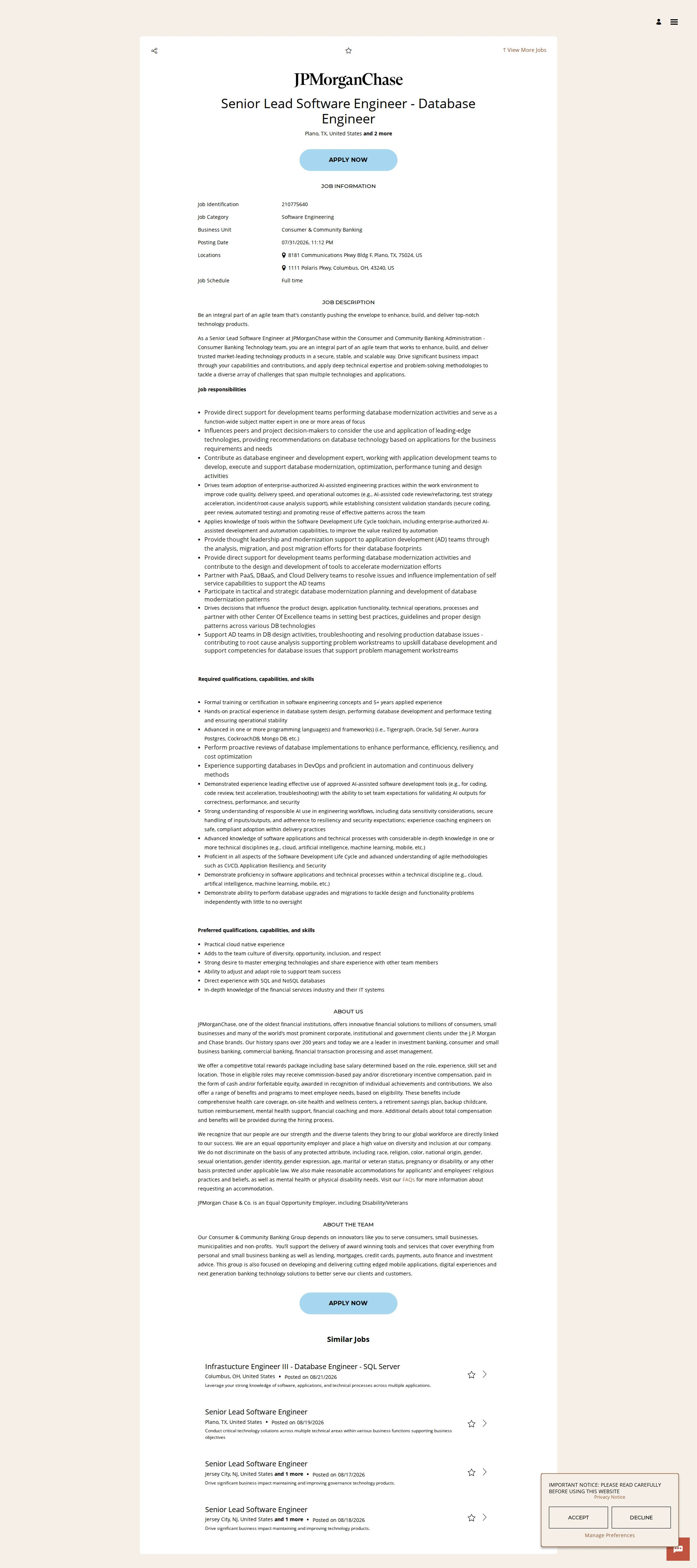 JPMorganChase Senior Lead Software Engineer - Database Engineer 채용공고