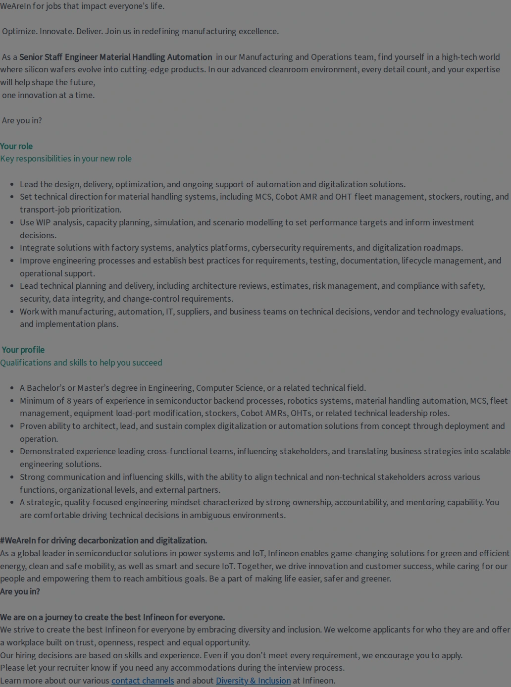 인피니언테크놀로지스코리아 Senior Staff Engineer Material Handling Automation 채용공고
