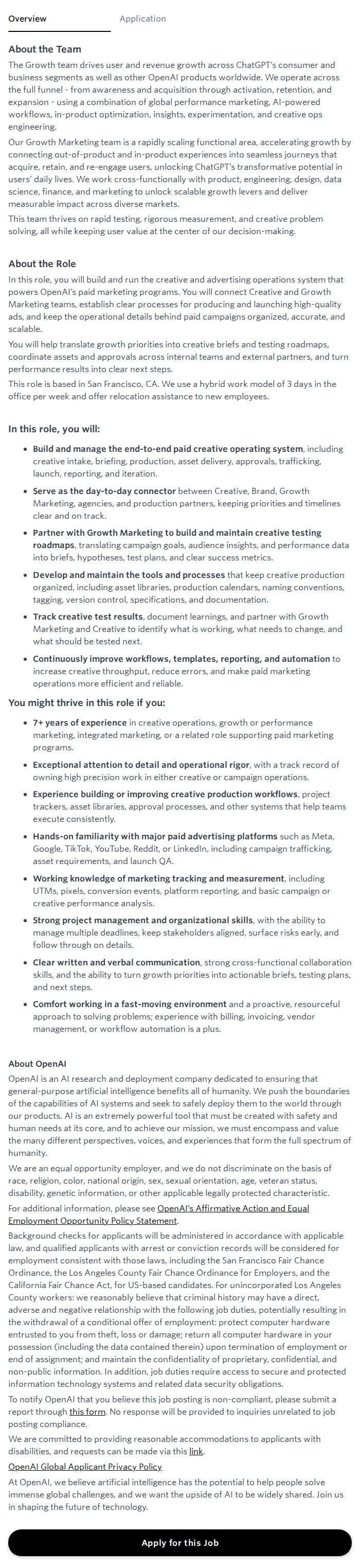 오픈에이아이(OpenAI) Growth Marketing, Creative and Ad Operations 채용공고