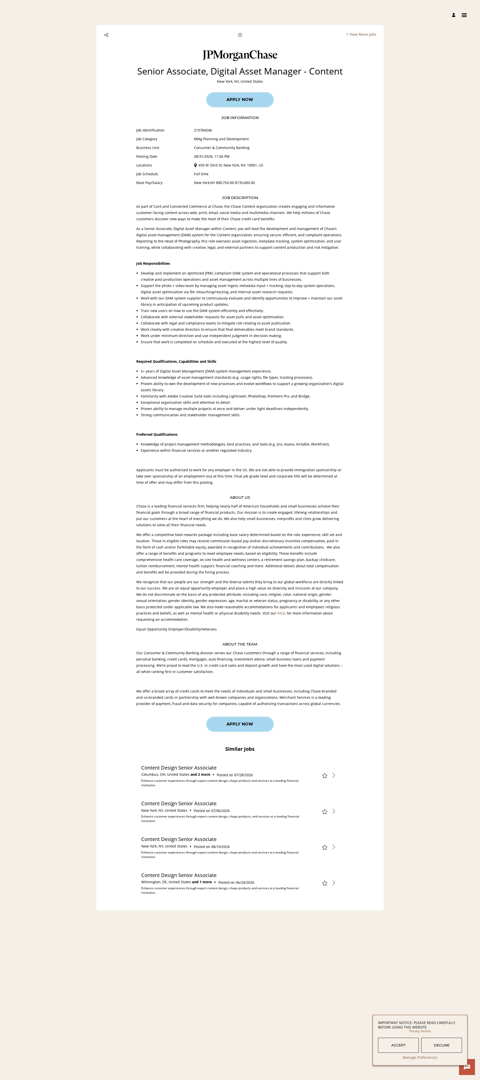 JPMorganChase Senior Associate, Digital Asset Manager - Content 채용공고
