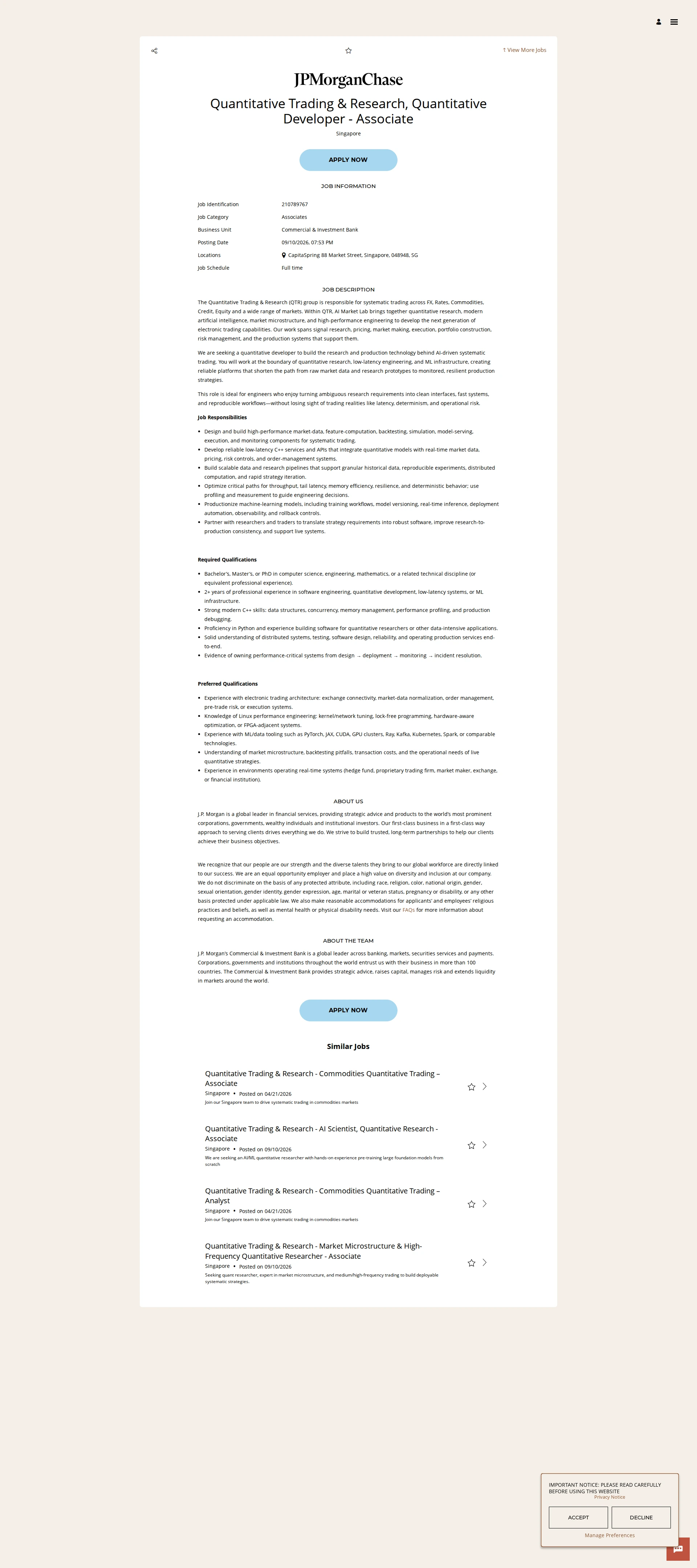 JPMorganChase Quantitative Trading & Research, Quantitative Developer - Associate 채용공고