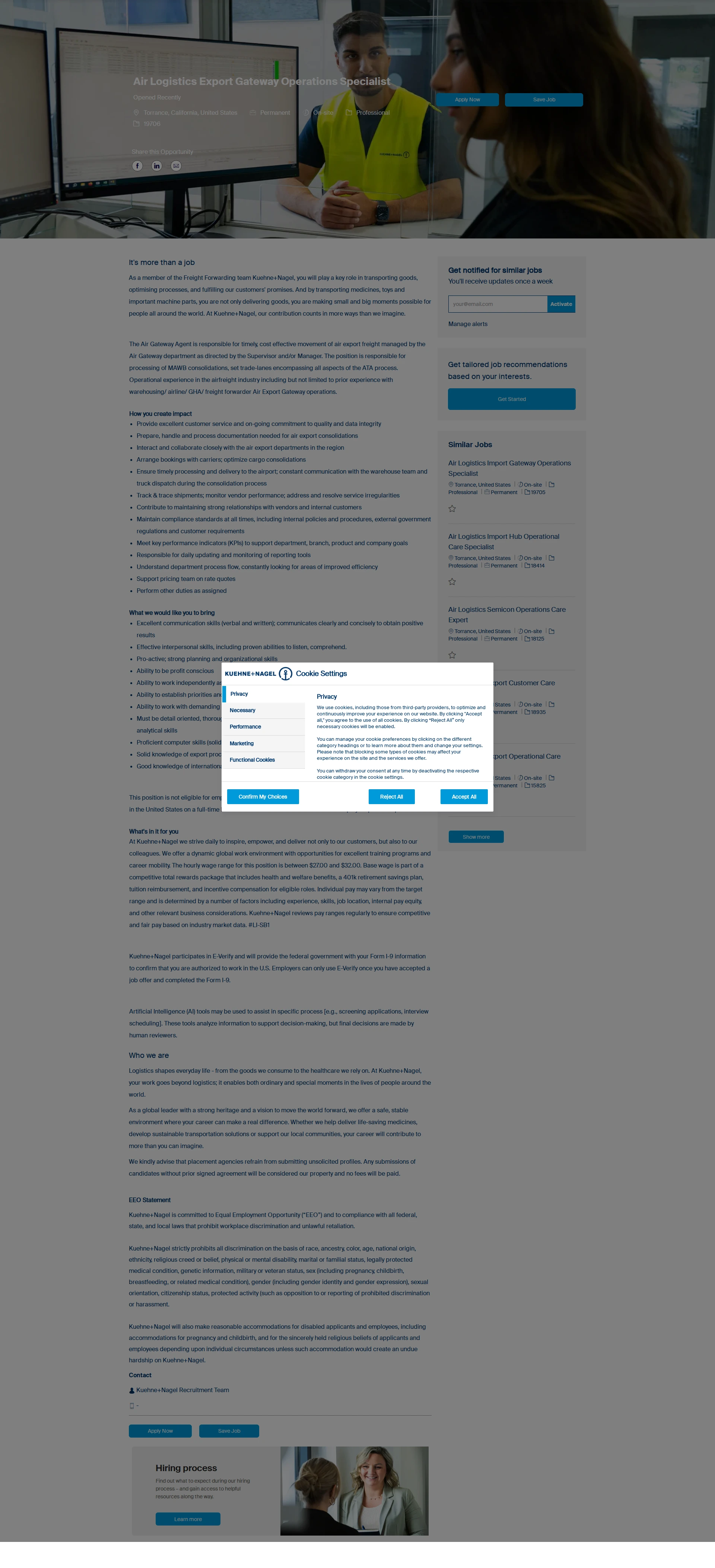 퀴네앤드나겔 Air Logistics Export Gateway Operations Specialist 채용공고