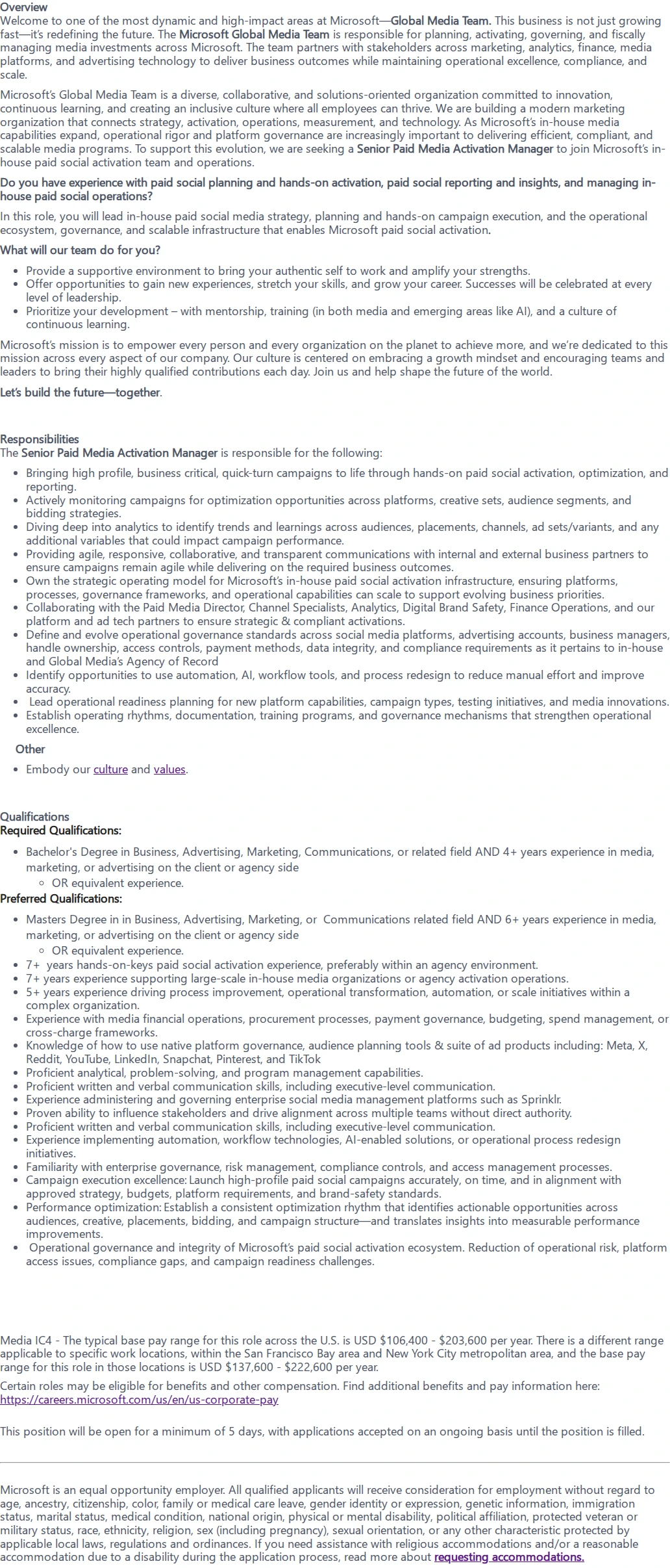 마이크로소프트(Microsoft) Senior Paid Media Activation Manager 채용공고