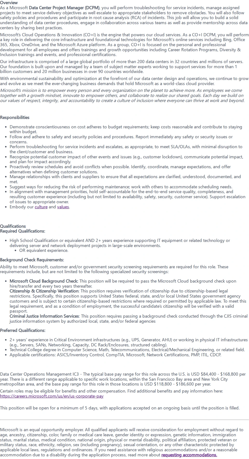 마이크로소프트(Microsoft) Data Center Program Manager 채용공고