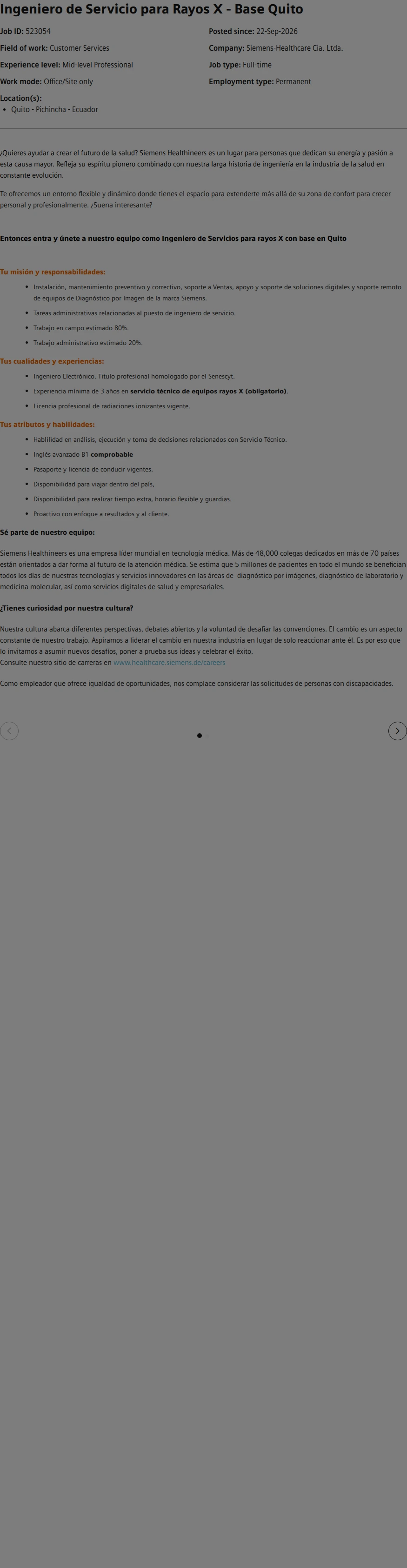 SiemensHealthineers Ingeniero de Servicio para Rayos X - Base Quito 채용공고