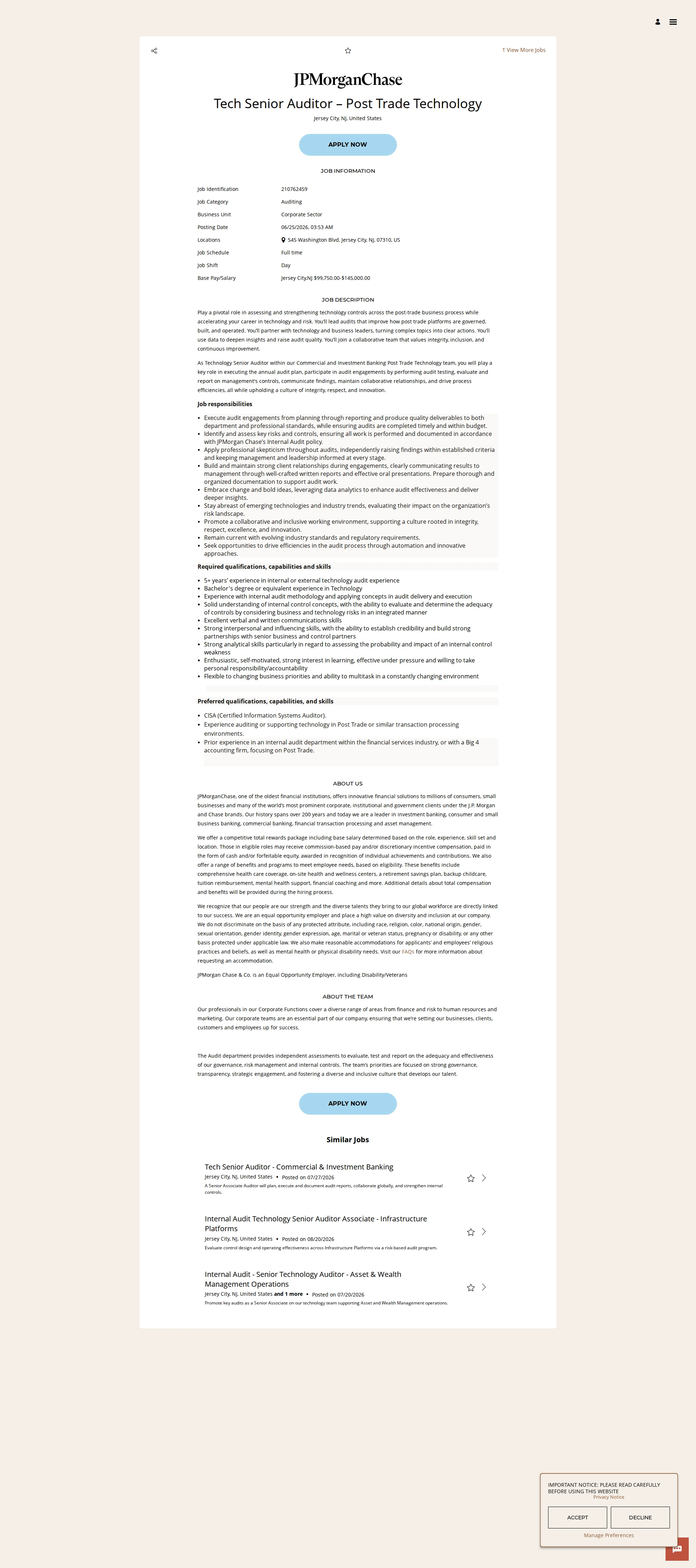 JPMorganChase Tech Senior Auditor – Post Trade Technology 채용공고