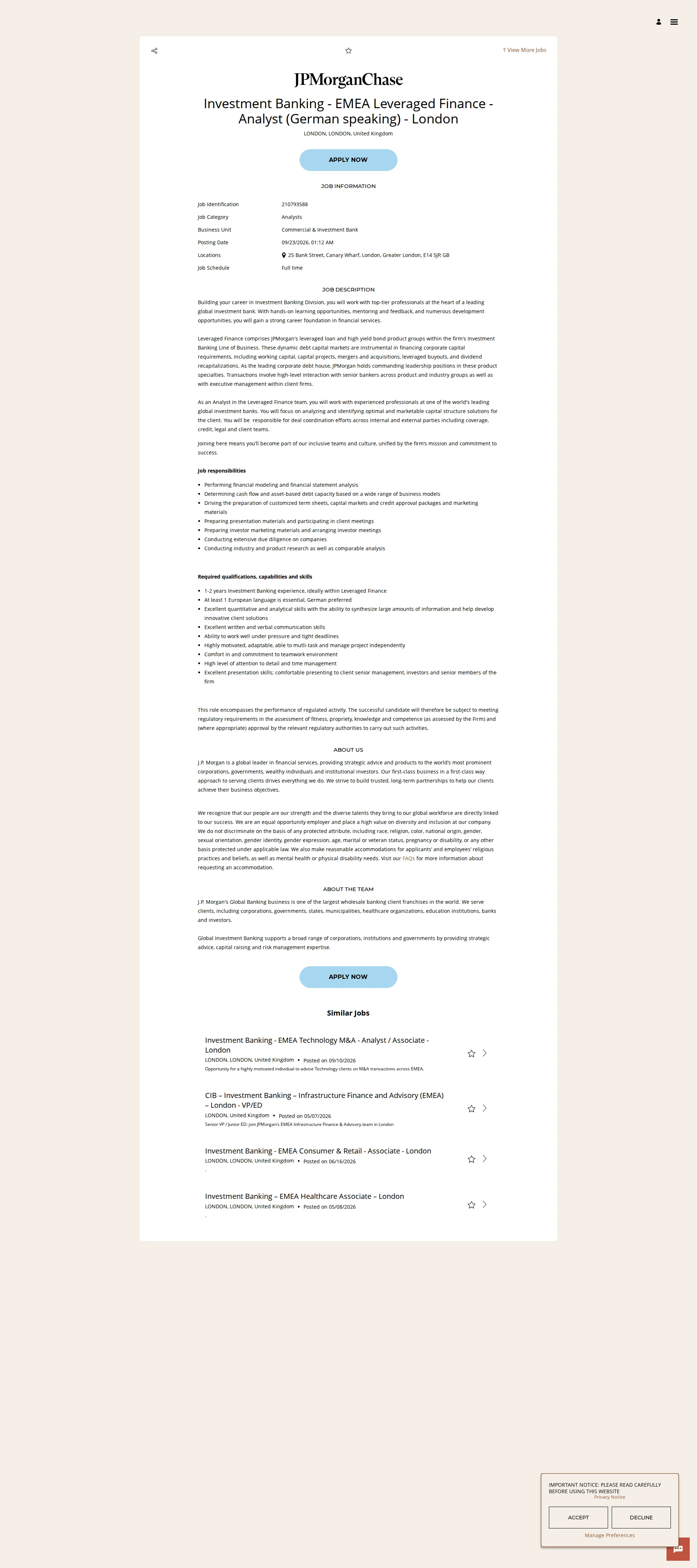 JPMorganChase Investment Banking - EMEA Leveraged Finance - Analyst (German speaking) - London 채용공고
