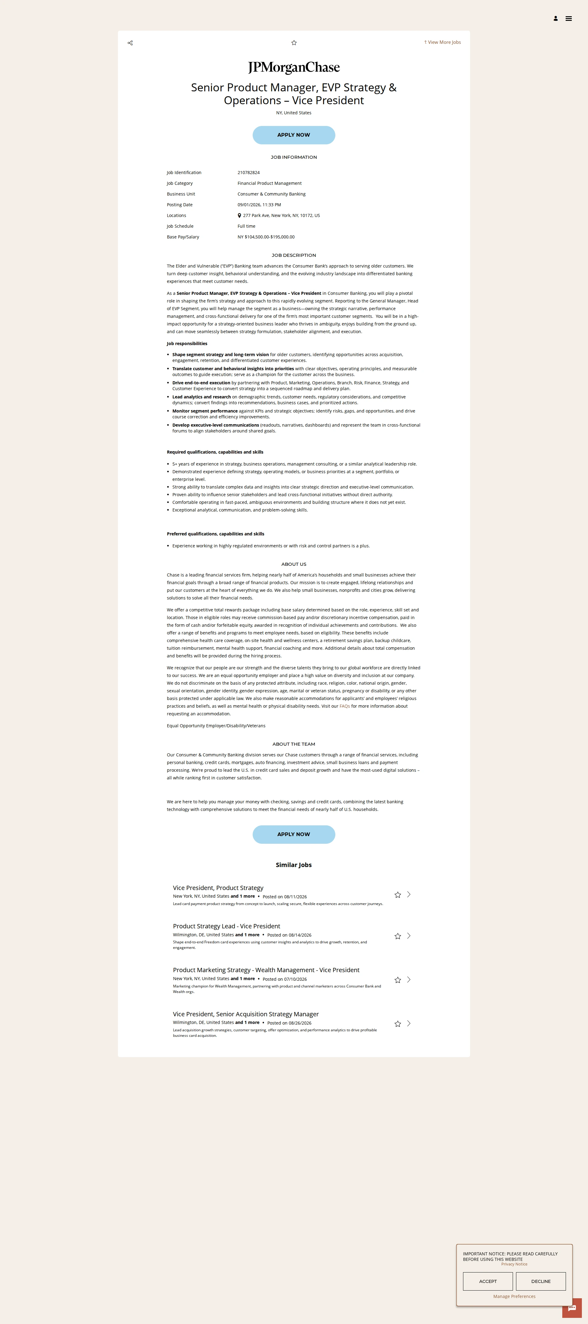 JPMorganChase Senior Product Manager, EVP Strategy & Operations – Vice President 채용공고