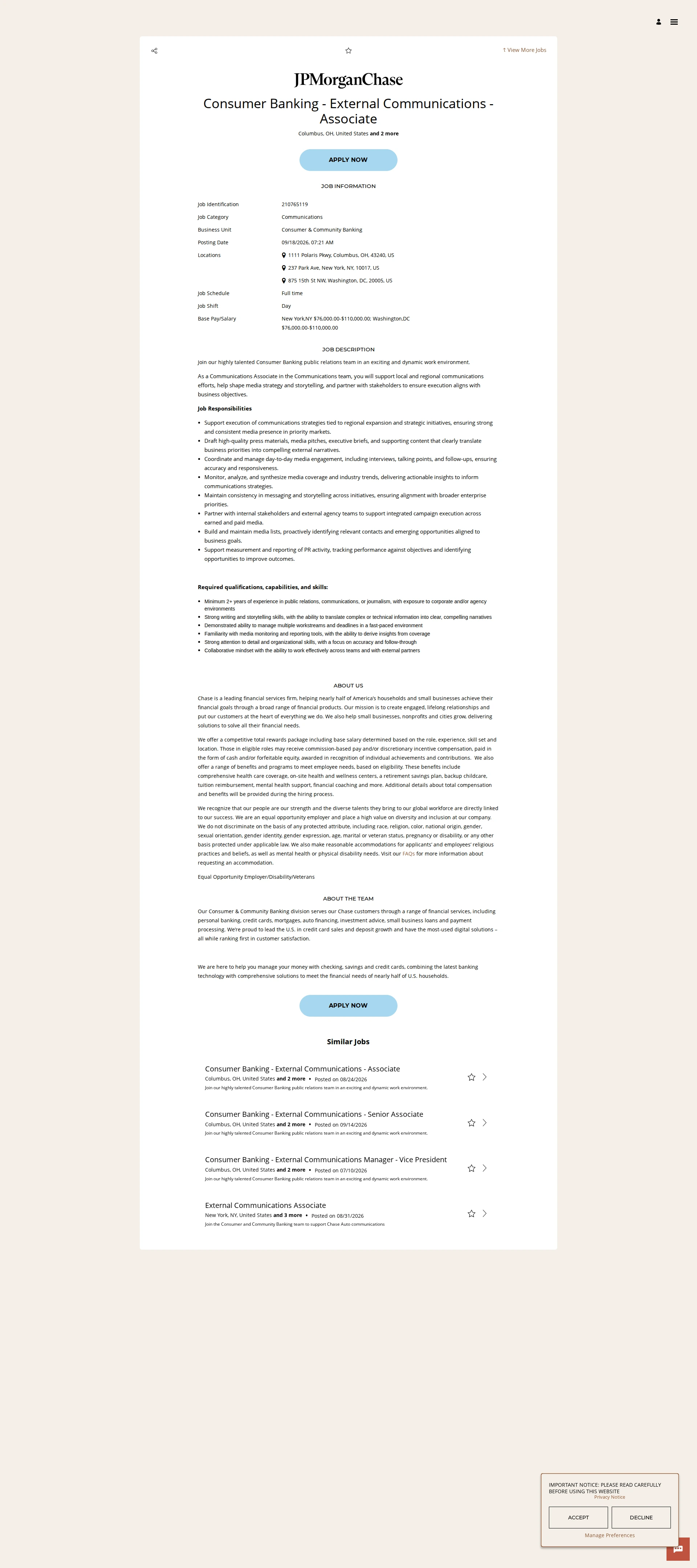 JPMorganChase Consumer Banking - External Communications - Associate 채용공고