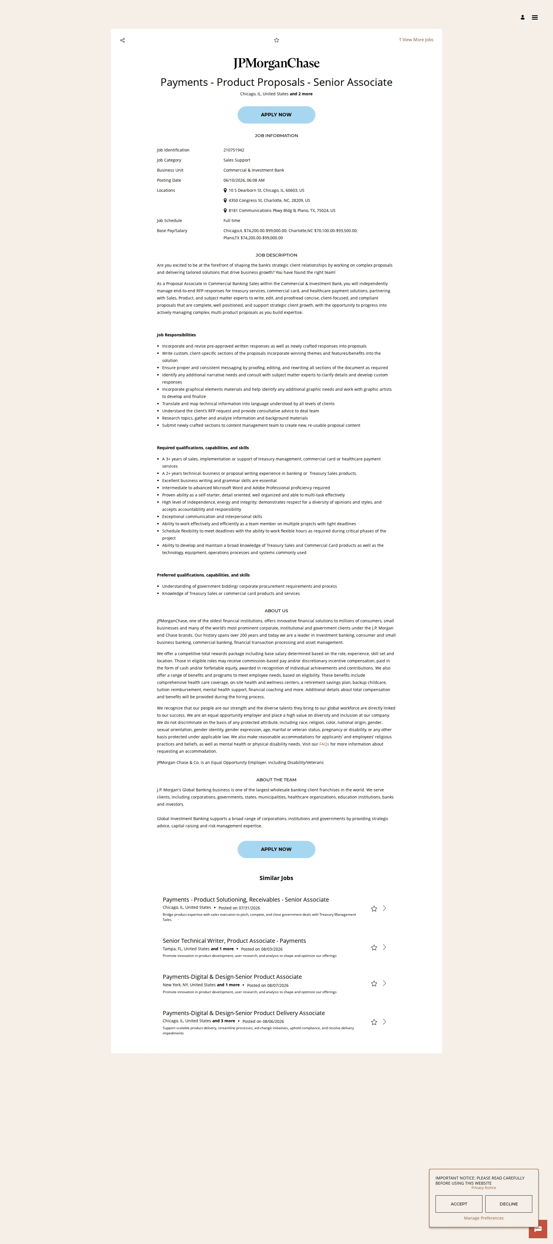 JPMorganChase Payments - Product Proposals - Senior Associate 채용공고