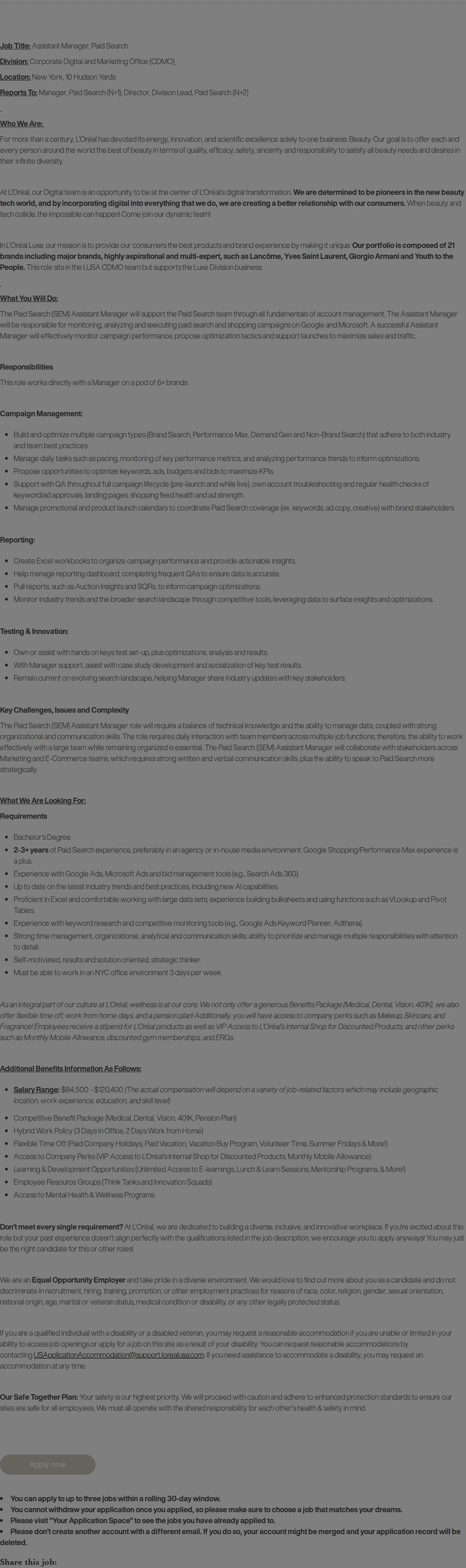 로레알(L'Oreal) Assistant Manager - Paid Search (CDMO - LUXE) 채용공고