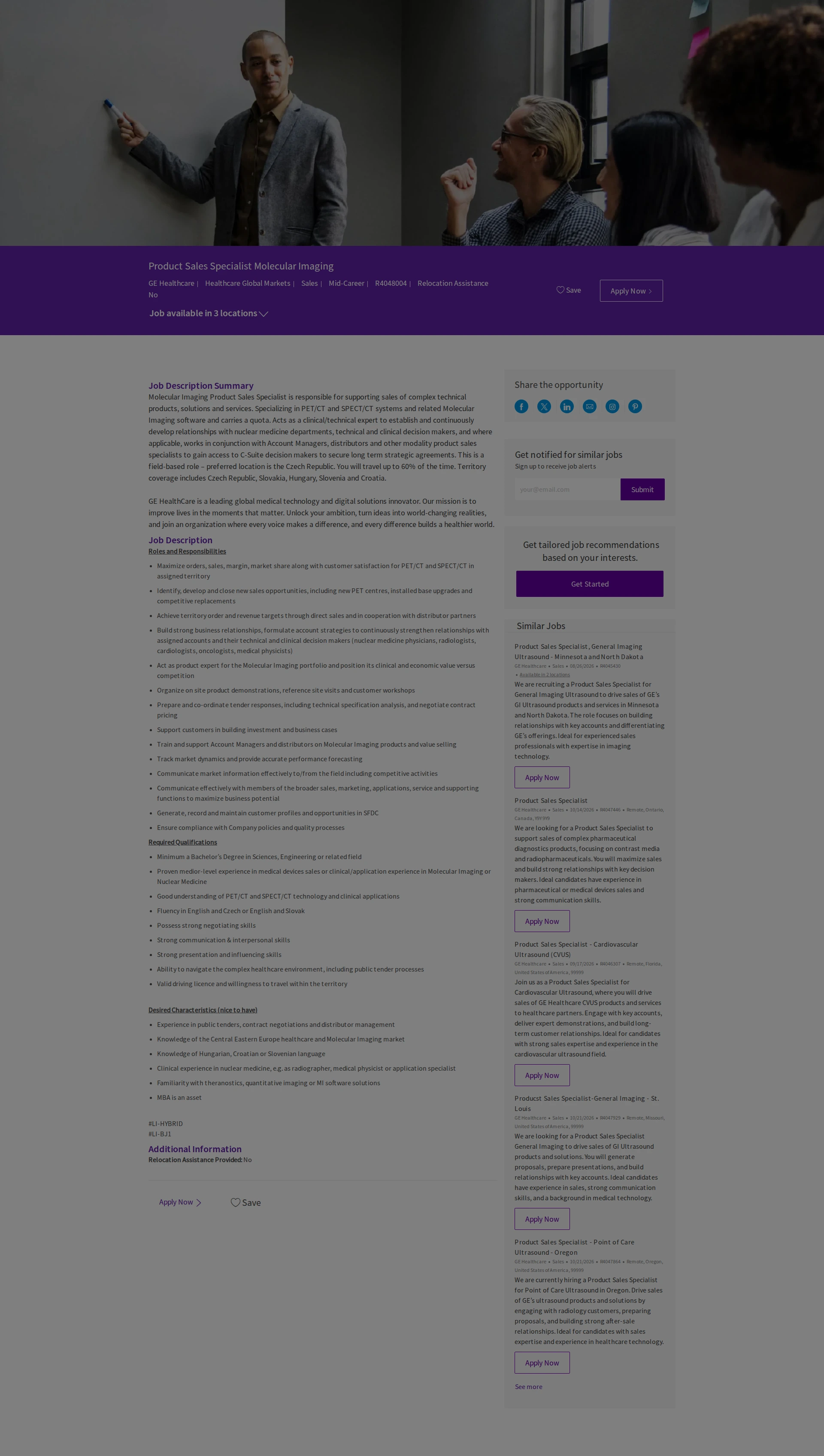 GE헬스케어 Product Sales Specialist Molecular Imaging 채용공고
