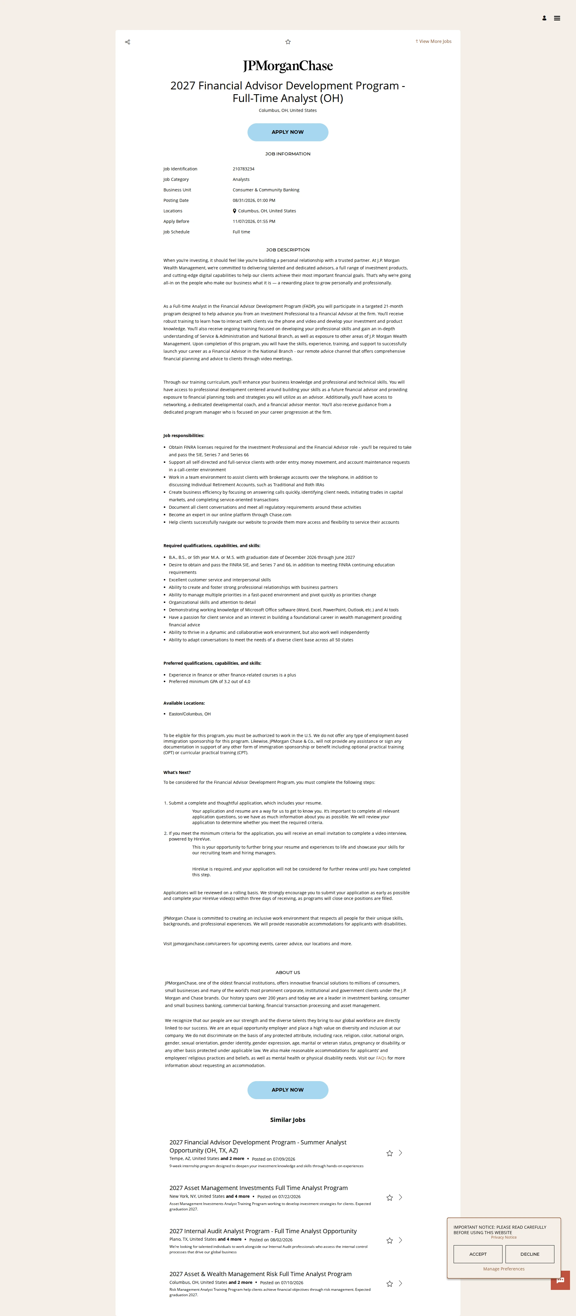 JPMorganChase 2027 Financial Advisor Development Program - Full-Time Analyst (OH) 채용공고