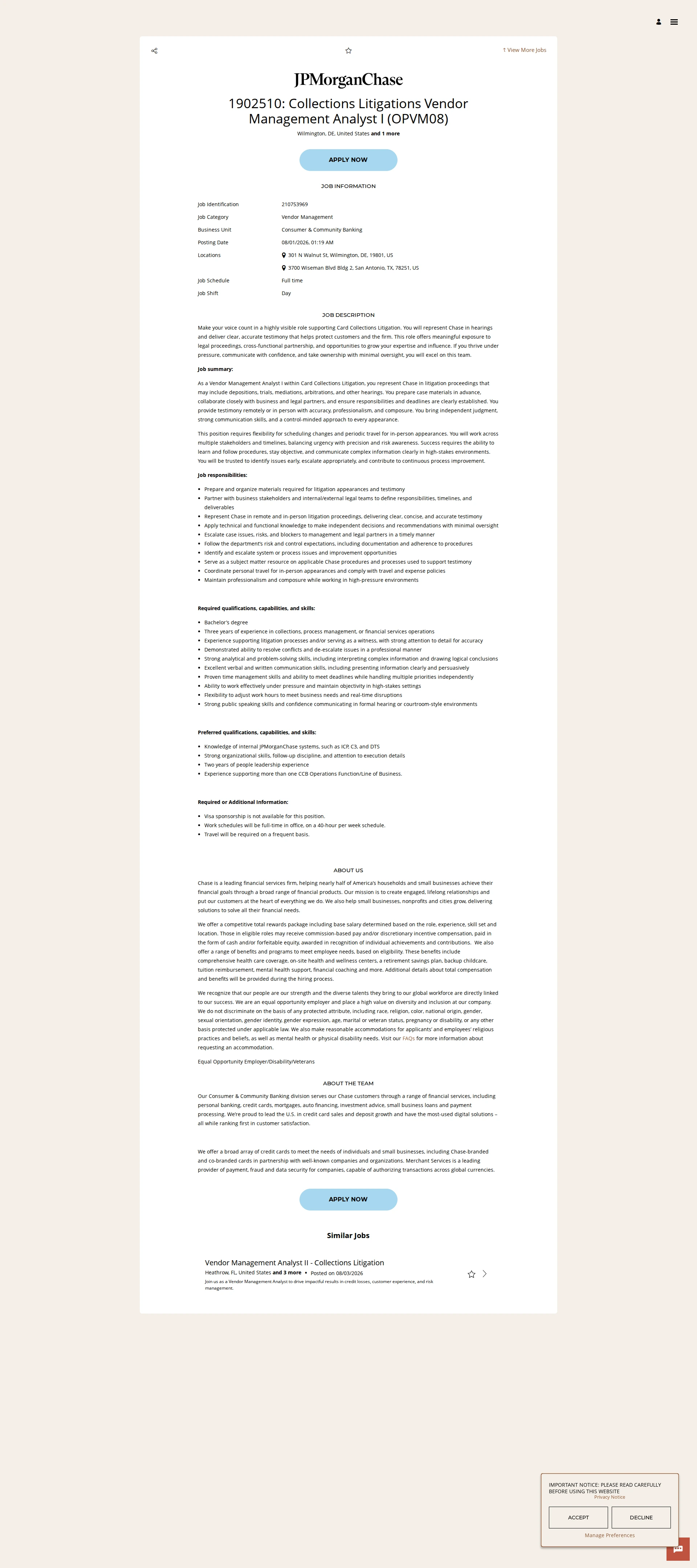 JPMorganChase 1902510: Collections Litigations Vendor Management Analyst I (OPVM08) 채용공고