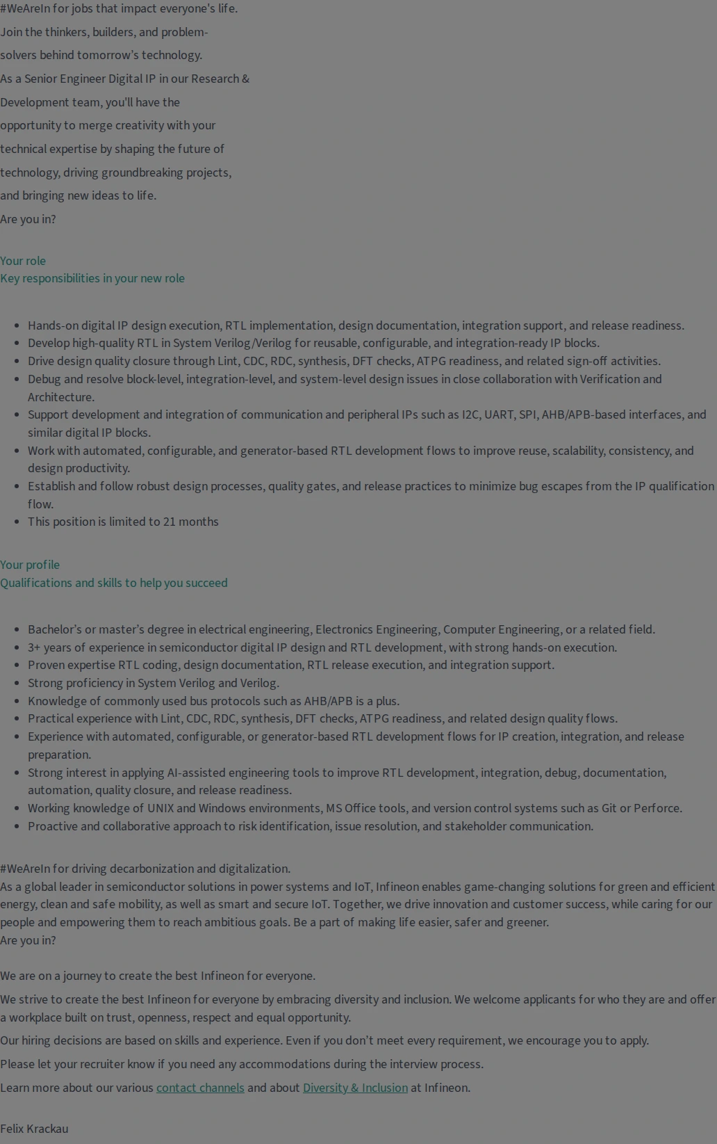 인피니언테크놀로지스코리아 Senior Engineer Digital IP (f/m/div) 채용공고