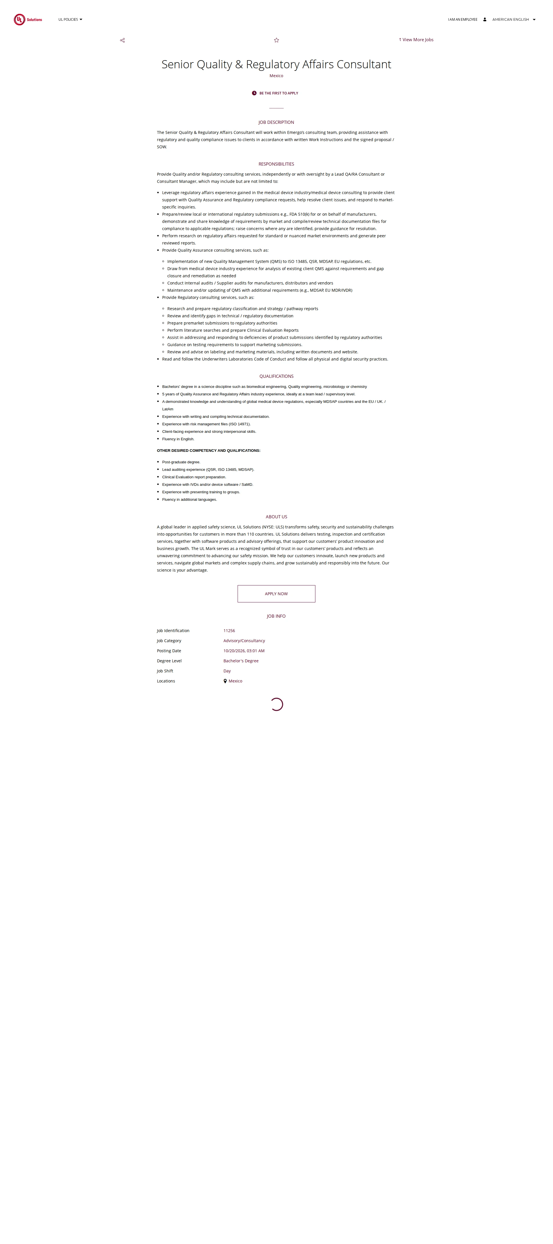 UL Solutions Senior Quality & Regulatory Affairs Consultant 채용공고