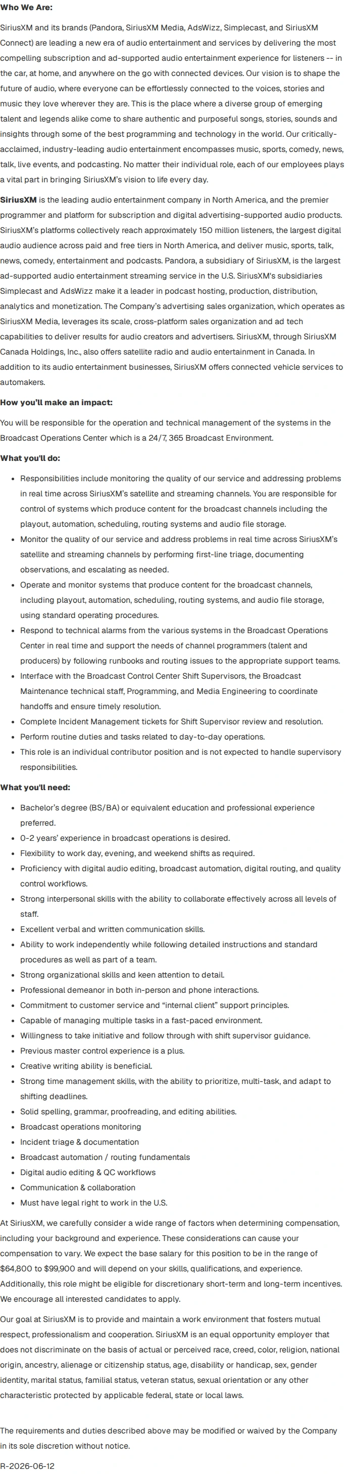 Sirius XM Technician, Broadcast Operations 채용공고