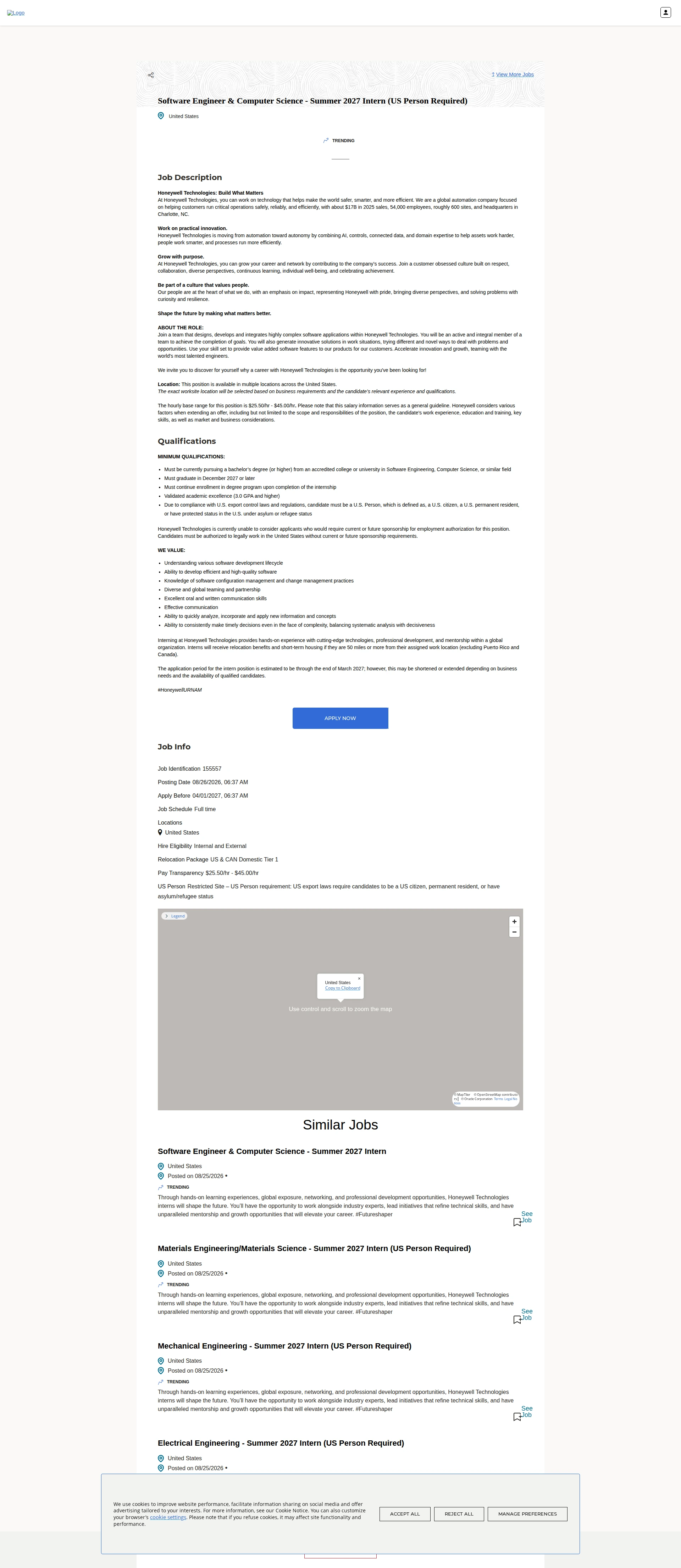 허니웰 Software Engineer & Computer Science - Summer 2027 Intern (US Person Required) 채용공고
