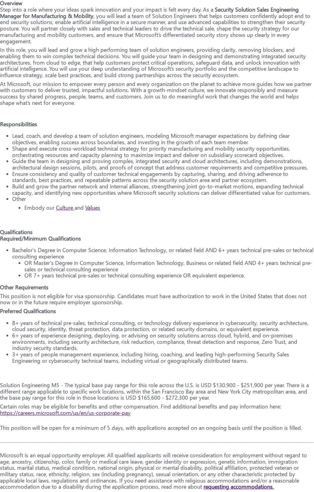마이크로소프트(Microsoft) Security Solution Sales Engineering Manager for Manufacturing & Mobility 채용공고