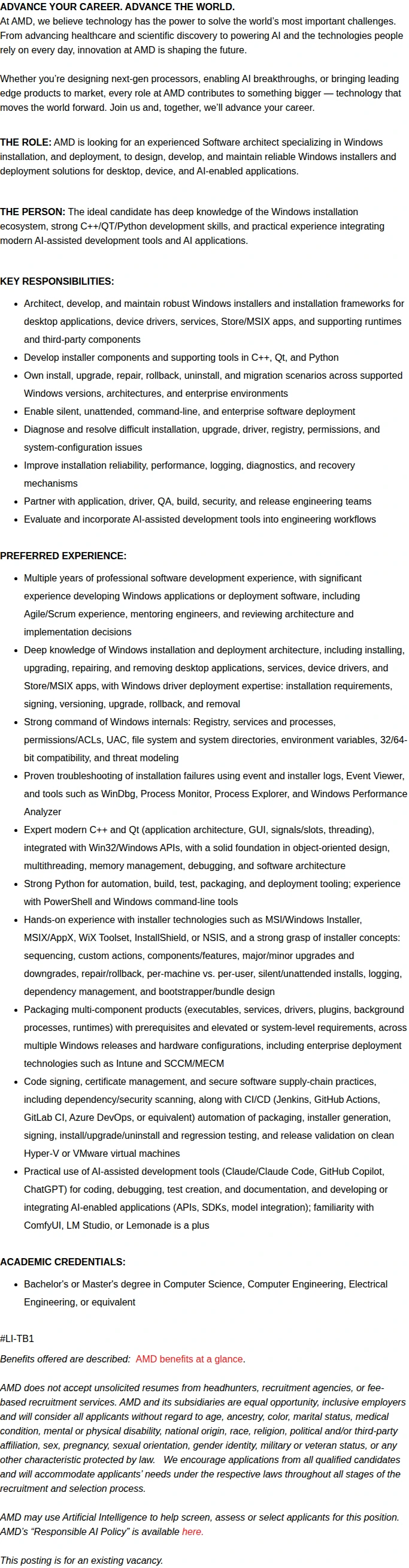 AMD SOFTWARE ARCHITECT – WINDOWS INSTALLER & DEPLOYMENT 채용공고