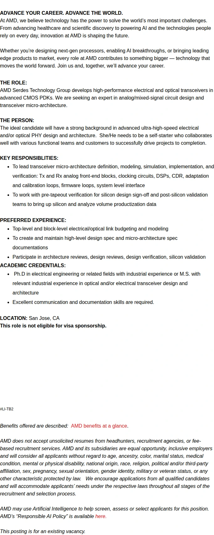 AMD SerDes Silicon Design and Micro-Architecture Engineer 채용공고