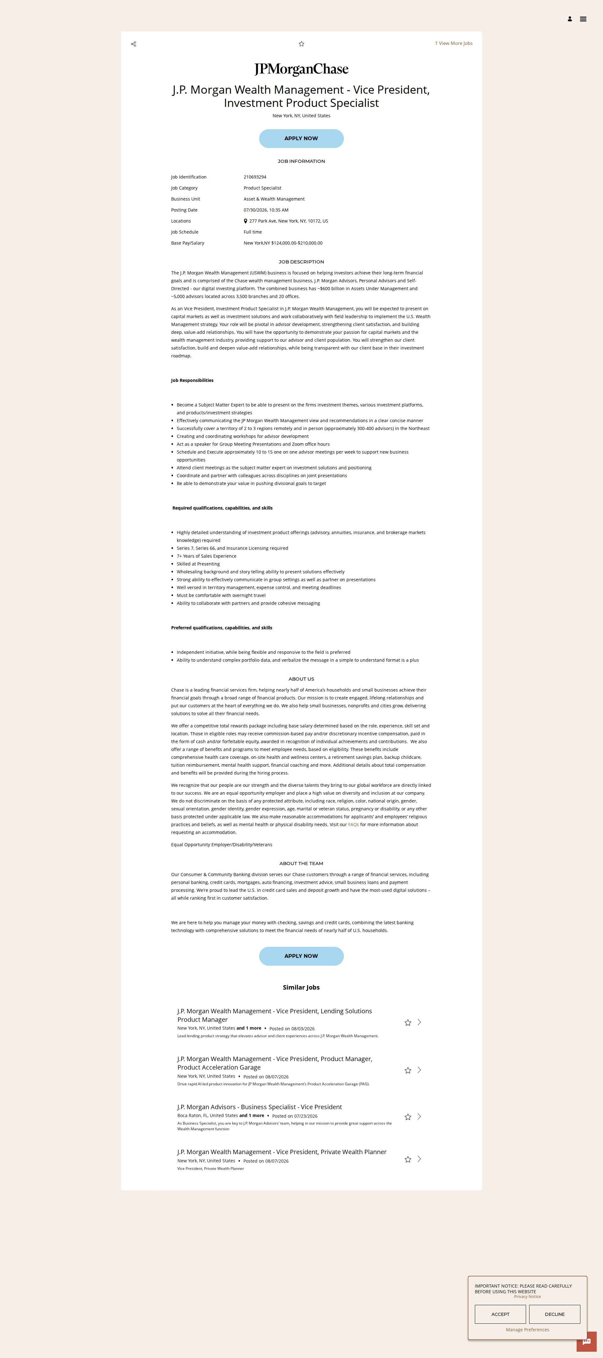 JPMorganChase J.P. Morgan Wealth Management - Vice President, Investment Product Specialist 채용공고