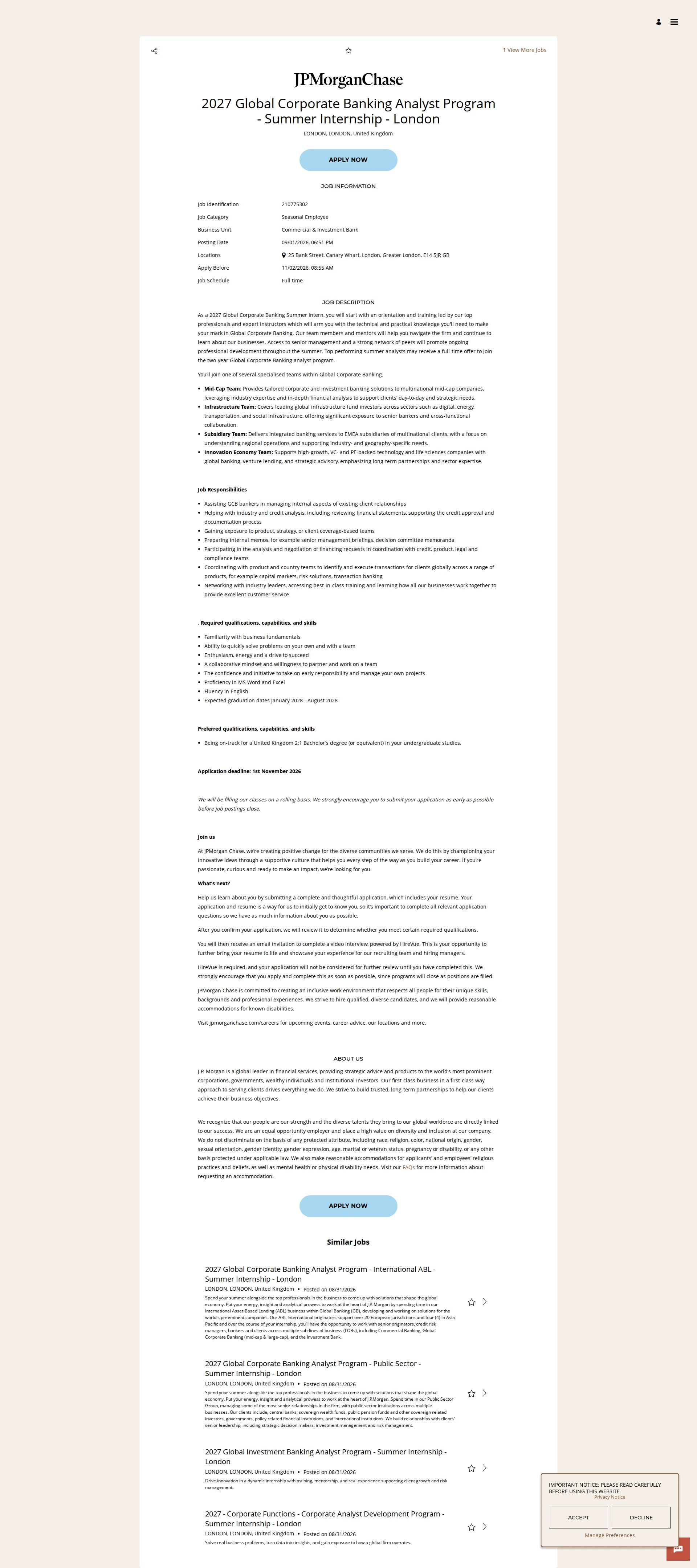 JPMorganChase 2027 Global Corporate Banking Analyst Program - Summer Internship - London 채용공고