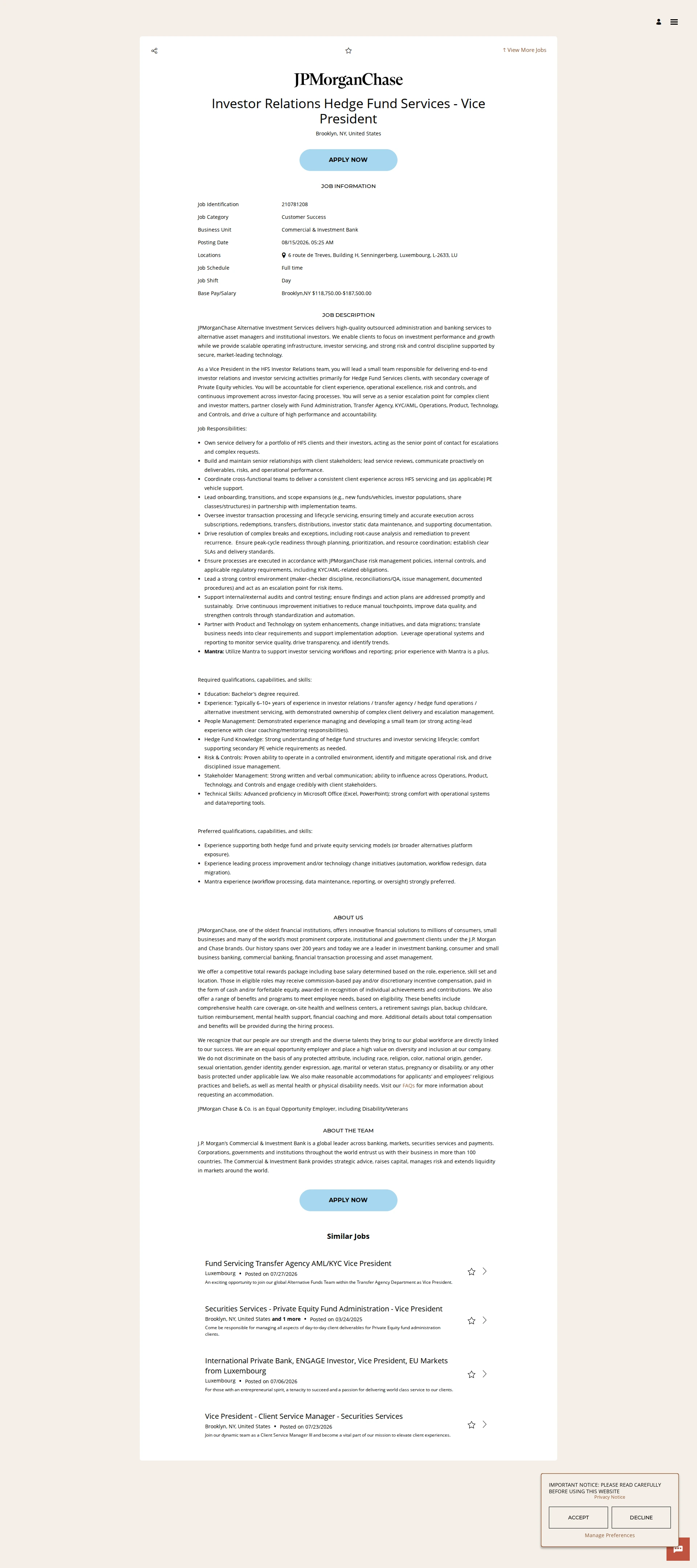 JPMorganChase Investor Relations Hedge Fund Services - Vice President 채용공고